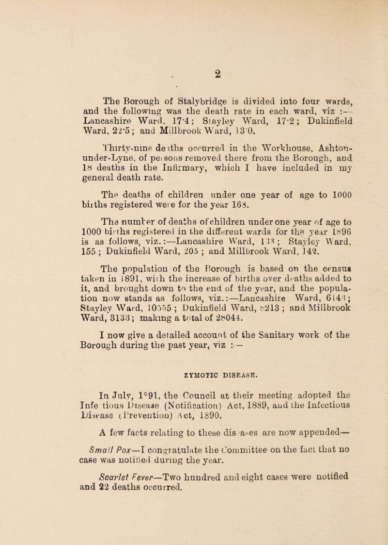 The Borough of Stalybridge is divided into four wards, and the following was the death rate in each ward, viz :— Lancashire Ward, 17‘4; Siayley Ward, 17’2; Dukinfield Ward, 22'5; and Millbrook Ward, 13 0, 'I'hirty-nme deiths occurred in the Workhouse, Ashton- under-Lyne, of pei sons removed there from the Borough, aod 18 deaths in the Infirmary, which I have included in my general death rate. The deaths of children under one year of age to 1000 births registered were for the year 168. The numVer of deaths of children under one year of age to 1000 births registered in the different wards for the year 1896 is as follows, viz.:—Lancashire Ward, I !'t ; Stayley Ward, 155 ; Dukinfield Ward, 205 ; and Millbrook Ward, 142. The population of the Borough is based on the census taken in 1891, with the increase of births over di'aths added to it, and brought down to the end of the year, and the popula¬ tion now stands as follows, viz.:—Lancashire Ward, 614 !; Stayley Ward, 10555; Dukinfield Ward, 8213; and Millbrook Ward, 3133; making a total of 28044. I now give a detailed account of the Sanitary work of the Borough during the past year, viz :• — ZYMOTIC DISEASE. In Julv, 1°91, the Council at tlieir meeting adopted the Infe tious Disease (Notification) Act, 1889, and the Infectious Disease (Prevention) Act, 1890, A few facts relating to these dis ■a'^es are now appended— Small Pox—I congratulate the Committee on the fact that no case was nolifieii during the year. Scarlet Fever—Two hundred and eight cases were notified and 22 deaths occurred.