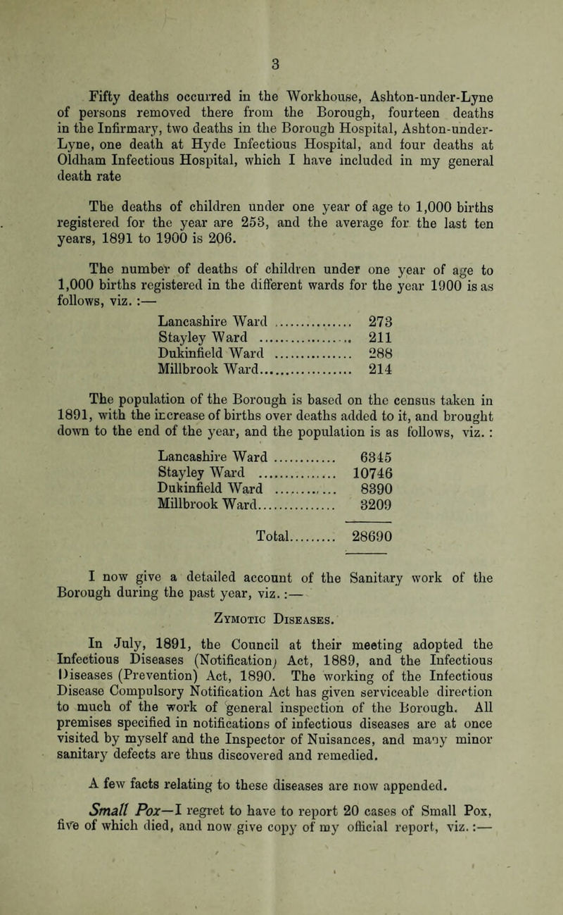 Fifty deaths occurred iu the Workhouse, Ashton-under-Lyne of persons removed there from the Borough, fourteen deaths in the Infirmary, two deaths in the Borough Hospital, Ashton-under- Lyne, one death at Hyde Infectious Hospital, and four deaths at Oldham Infectious Hospital, which I have included in my general death rate The deaths of children under one year of age to 1,000 births registered for the year are 253, and the average for the last ten years, 1891 to 1900 is 206. The number of deaths of children under one year of age to 1,000 births registered in the different wards for the year 1900 is as follows, viz. :— Lancashire Ward . 273 Stayley Ward . 211 Dukinfield Ward . 288 Millbrook Ward. 214 The population of the Borough is based on the census taken in 1891, with the increase of births over deaths added to it, and brought down to the end of the year, and the population is as follows, viz. : Lancashire Ward . 6345 Stayley Ward . 10746 Dukinfield Ward . 8390 Millbrook Ward. 3209 Total. 28690 I now give a detailed account of the Sanitary work of the Borough during the past year, viz.:— Zymotic Diseases. In July, 1891, the Council at their meeting adopted the Infectious Diseases (Notification^ Act, 1889, and the Infectious Diseases (Prevention) Act, 1890. The working of the Infectious Disease Compulsory Notification Act has given serviceable direction to much of the work of general inspection of the Borough. All premises specified in notifications of infectious diseases are at once visited by myself and the Inspector of Nuisances, and many minor sanitary defects are thus discovered and remedied. A few facts relating to these diseases are now appended. Small Pox—I regret to have to report 20 cases of Small Pox, fiv'e of which died, and now give copy of my official report, viz.:—