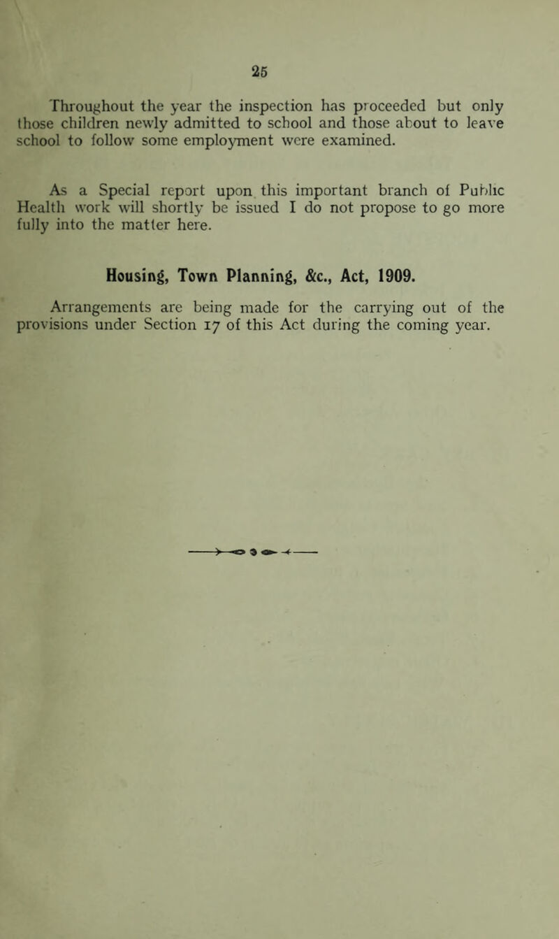 Throughout the year the inspection has proceeded but only those children newly admitted to school and those about to leave school to follow some employment were examined. As a Special report upon this important branch of Public Health work will shortly be issued I do not propose to go more fully into the matter here. Housing, Town Planning, &c.. Act, 1909. Arrangements are being made for the carrying out of the provisions under Section 17 of this Act during the coming year. ■>