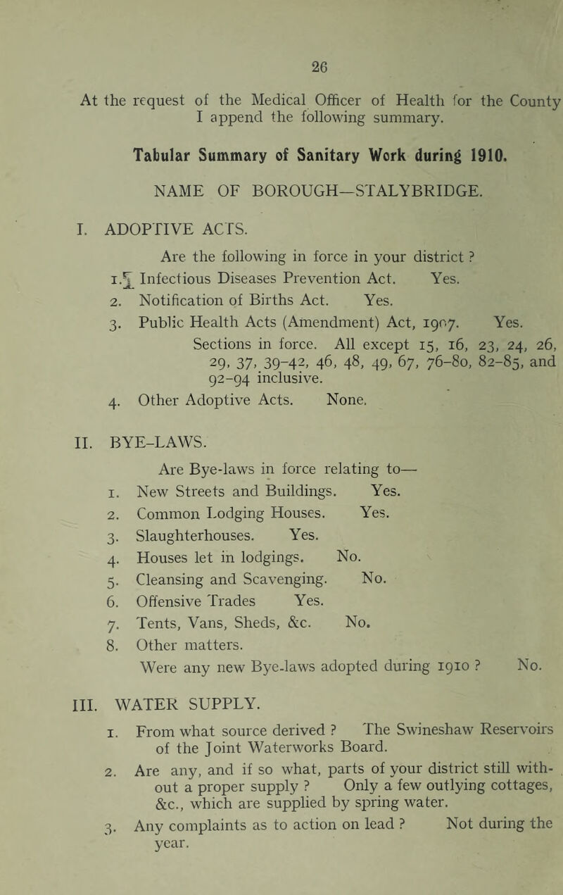 At the request of the Medical Officer of Health for the County I append the following summary. Tabular Summary of Sanitary Work during 1910. NAME OF BOROUGH—STALYBRIDGE. I. ADOPTIVE ACTS. Are the following in force in your district ? 1. ^ Infectious Diseases Prevention Act. Yes. 2. Notification of Births Act. Yes. 3. Public Health Acts (Amendment) Act, 1907. Yes. Sections in force. All except 15, 16, 23, 24, 26, 29. 37. 39-42. 46, 48, 49> 67. 76-80, 82-85, and 92-94 inclusive. 4. Other Adoptive Acts. None. II. BYE-LAWS. Are Bye-laws in force relating to— 1. New Streets and Buildings. Yes. 2. Common Lodging Houses. Yes. 3. Slaughterhouses. Yes. 4. Houses let in lodgings. No. 5. Cleansing and Scavenging. No. 6. Offensive Trades Yes. 7. Tents, Vans, Sheds, &c. No. 8. Other matters. Were any new Bye-laws adopted during 1910 ? No. III. WATER SUPPLY. 1. From what source derived ? The Swineshaw Reservoirs of the Joint Waterworks Board. 2. Are any, and if so what, parts of your district still with¬ out a proper supply ? Only a few outlying cottages, &c., which are supplied by spring water. 3. Any complaints as to action on lead ? Not during the year.