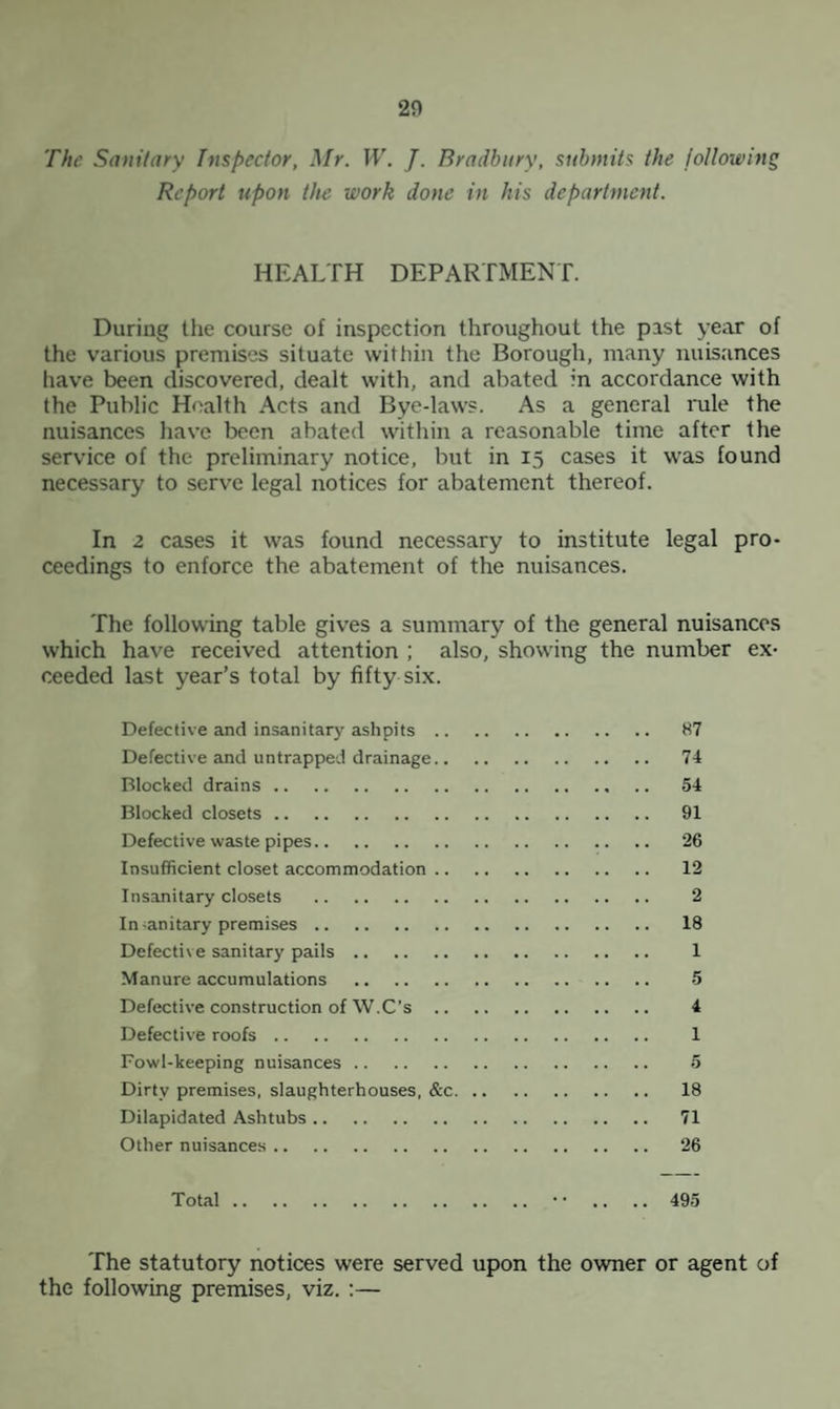 The Sanitary Inspector, Mr. 11'. /. Bradbury, submits the following Report upon the work done in his department. HEALTH DEPARTMENT. During the course of inspection throughout the past year of the various premises situate within the Borough, many nuisances have been discovered, dealt with, and abated in accordance with the Public Health Acts and Bye-laws. As a general rale the nuisances have been abated within a reasonable time after the service of the preliminary notice, but in 15 cases it was found necessary to serve legal notices for abatement thereof. In z cases it was found necessary to institute legal pro¬ ceedings to enforce the abatement of the nuisances. The following table gives a summary of the general nuisances which have received attention ; also, showing the number ex¬ ceeded last year’s total by fifty six. Defective and insanitary ashpits. 87 Defective and untrapped drainage. 74 Blocked drains. 54 Blocked closets. 91 Defective waste pipes. 26 Insufficient closet accommodation. 12 Insanitary closets . 2 In-anitary premises. 18 Defective sanitary pails. 1 Manure accumulations . 5 Defective construction of W.C's. 4 Defective roofs. 1 Fowl-keeping nuisances. 5 Dirty premises, slaughterhouses, &c. 18 Dilapidated Ashtubs. 71 Other nuisances. 26 Total. • • .. .. 495 The statutory notices were served upon the owner or agent of the following premises, viz. ;—