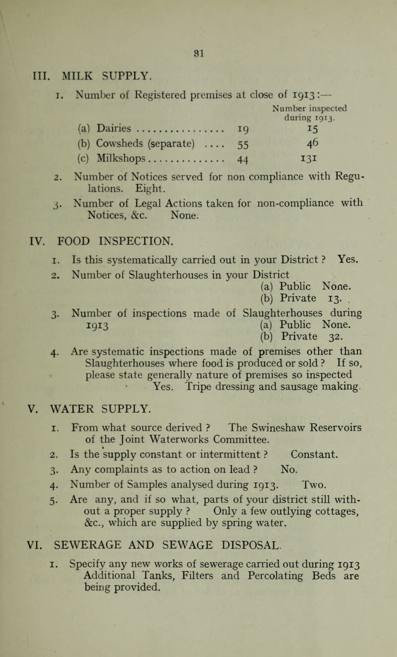 SI III. MILK SUPPLY. 1. Number of Registered premises at close of 1913*— Number inspected during 1913. (a) Dairies. 19 15 (b) Cowsheds (separate) .... 55 46 (c) Milkshops. 44 131 2. Number of Notices served for non compliance with Regu¬ lations. Eight. 3. Number of Legal Actions taken for non-compliance with Notices, &c. None. IV. FOOD INSPECTION. 1. Is this systematically carried out in your District ? Yes. 2. Number of Slaughterhouses in your District (a) Public None. (b) Private 13. 3. Number of inspections made of Slaughterhouses during 1913 (a) Public None. (b) Private 32. 4. Are systematic inspections made of premises other than Slaughterhouses where food is produced or sold ? If so, please state generally nature of premises so inspected • Yes. Tripe dressing and sausage making. V. WATER SUPPLY. 1. From what source derived ? The Swineshaw Reservoirs of the Joint Waterworks Committee. 2. Is the supply constant or intermittent ? Constant. 3. Any complaints as to action on lead ? No. 4. Number of Samples analysed during 1913. Two. 5. Are any, and if so what, parts of your district still with¬ out a proper supply ? Only a few outlying cottages, &c., which are supplied by spring water. VI. SEWERAGE AND SEWAGE DISPOSAL. 1. Specify any new works of sewerage carried out during 1913 Additional Tanks, Filters and Percolating Beds are being provided.