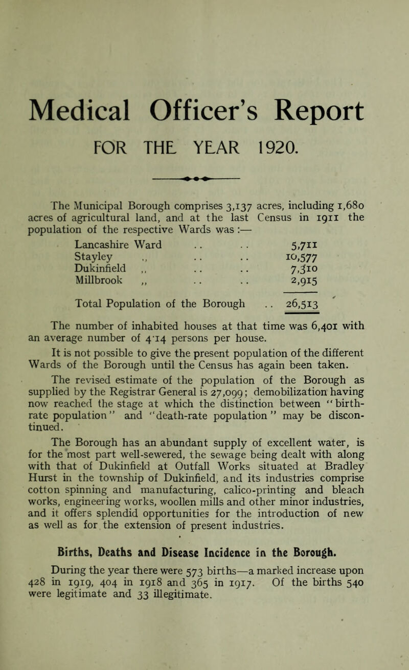 Medical Officer’s Report FOR THE. YEAR 1920. The Municipal Borough comprises 3,137 acres, including 1,680 acres of agricultural land, and at the last Census in 1911 the population of the respective Wards was :— Lancashire Ward 5,711 Stayley 10,577 Dukinfield 7.5io Millbrook ,, 2,915 Total Population of the Borough • • 26,513 The number of inhabited houses at that time was 6,401 with an average number of 4‘14 persons per house. It is not possible to give the present population of the different Wards of the Borough until the Census has again been taken. The revised estimate of the population of the Borough as supplied by the Registrar General is 27,099; demobilization having now reached the stage at which the distinction between “ birth¬ rate population ” and “death-rate population” may be discon¬ tinued. The Borough has an abundant supply of excellent water, is for the most part well-sewered, the sewage being dealt with along with that of Dukinfield at Outfall Works situated at Bradley Hurst in the township of Dukinfield, and its industries comprise cotton spinning and manufacturing, calico-printing and bleach works, engineering works, woollen mills and other minor industries, and it offers splendid opportunities for the introduction of new as well as for the extension of present industries. Births, Deaths and Disease Incidence in the Borough. During the year there were 573 births—a marked increase upon 428 in 1919, 404 in 1918 and 365 in 1917. Of the births 540 were legitimate and 33 illegitimate.