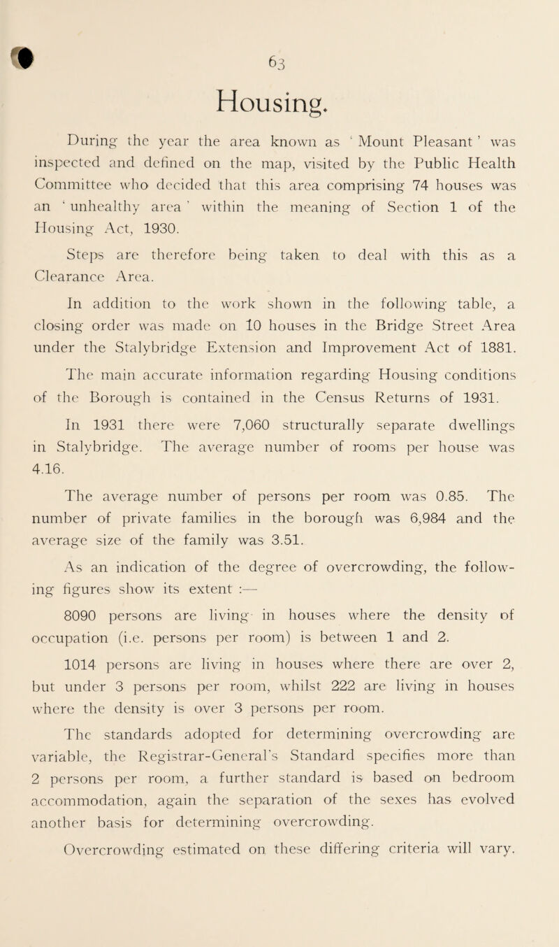 Housing. During the year the area known as ‘ Mount Pleasant ’ was inspeeted and dehned on the map, visited by the Public Health Committee who decided that this area comprising 74 houses was an ‘ unhealthy area ’ within the meaning of Section 1 of the Housing x4ct, 1930. Steps are therefore being taken to deal with this as a Clearance x4rea. In addition to the work shown in the following table, a closing order was made on 10 houses in the Bridge Street Area under the Stalybridge Extension and Improvement Act of 1881. The main accurate information regarding Housing conditions of the Borough is contained in the Census Returns of 1931. In 1931 there were 7,060 structurally separate dwellings in Stalybridge. The average number of rooms per house was 4.16. The average number of persons per room was 0.85. The number of private families in the borough was 6,984 and the average size of the family was 3.51. x4s an indication of the degree of overcrowding, the follow¬ ing hgures show its extent :— 8090 persons are living in houses where the density of occupation (i.e. persons per room) is between 1 and 2. 1014 persons are living in houses where there are over 2, but under 3 persons per room, whilst 222 are living in houses where the density is over 3 persons per room. The standards adopted for determining overcrowding are variable, the Registrar-General's Standard specifies more than 2 persons per room, a further standard is based on bedroom accommodation, again the separation of the sexes has evolved another basis for determining overcrowding. Overcrowding estimated on these differing criteria will vary.