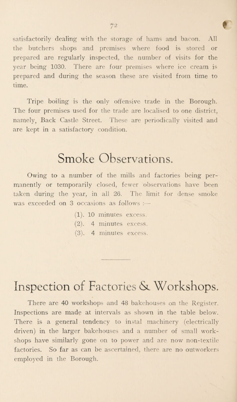 r satisfactorily dealing with the storage of hams and bacon. All the butchers shops and premises where food is stored or prepared are regularly inspected, the number of visits for the year being 1030. There are four premises where ice cream is prepared and during the season these are visited from time to time. Tripe boiling is the only offensive trade in the Borough. The four premises used for the trade are localised to one district, namely^ Back Castle Street. These are periodically visited and are kept in a satisfactory condition. Smoke Observations. Owing to a number of the mills and factories being per¬ manently or temporarily closed, fewer observations have been taken during the year, in all 26. The limit for dense smoke was exceeded on 3 occasions as follows :— (1) . 10 minutes excess. (2) . 4 minutes excess. (3) . 4 minutes excess. Inspection of Factories &, Workshops. There are 40 workshops and 48 bakehouses on the Register. Inspections are made at intervals as shown in the table below. There is a general tendency to^ instal machinery (electrically driven) in the larger bakehouses and a number of small work¬ shops have similarly gone on to power and are now non-textile factories. So far as can be ascertained, there are no outworkers employed in the Borough.