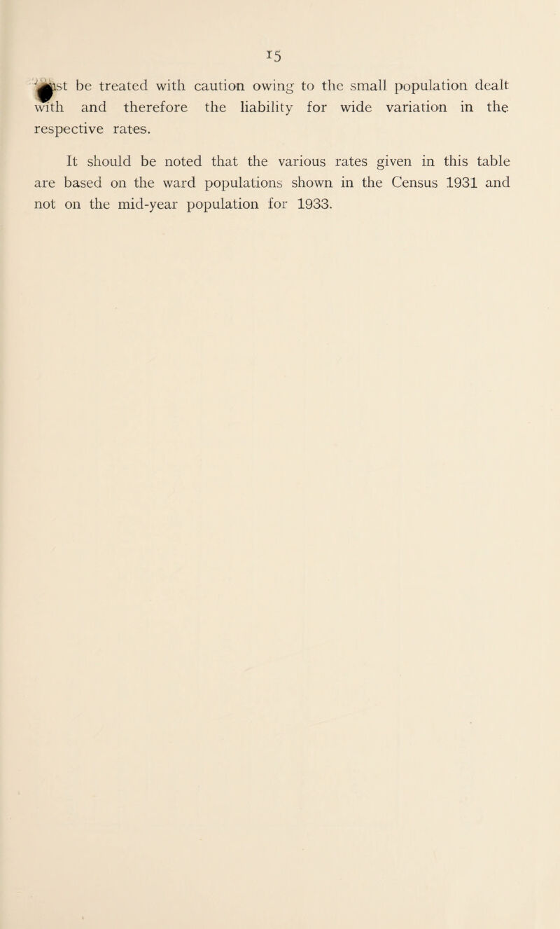 be treated with caution owing to the small population dealt with and therefore the liability for wide variation in the respective rates. It should be noted that the various rates given in this table are based on the ward populations shown in the Census 1931 and not on the mid-year population for 1933.