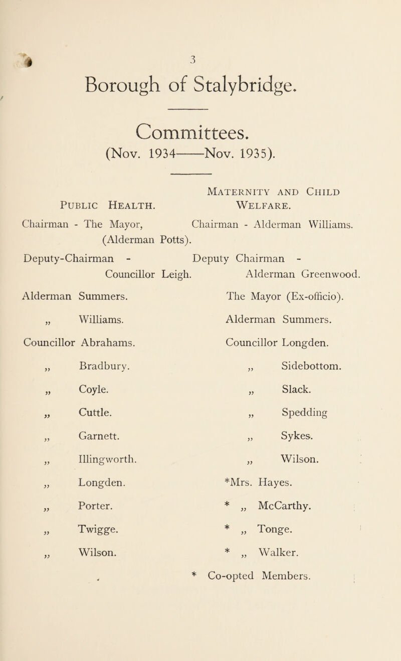 Borough of Stalybridge. Committees. (Nov. 1934-Nov. 1935). Maternity and Child Public Health. Welfare. Chairman - The Mayor, (Alderman Chairman - Alderman Williams. Potts). Deputy-Chairman - Councillor Deputy Chairman - Leigh. Alderman Greenwood Alderman Summers. The Mayor (Ex-offieio). Williams. Alderman Summers. Councillor Abrahams. Councillor Longden. }) Bradbury. „ Sidebottom. i) Coyle. „ Slack. Cuttle. „ Spedding Garnett. „ Sykes. }} Illingworth. „ Wilson. }} Longden. *Mrs. Hayes. }y Porter. * „ McCarthy. )y Twigge. * „ Tonge. Wilson. * „ Walker. * Co-opted Members.