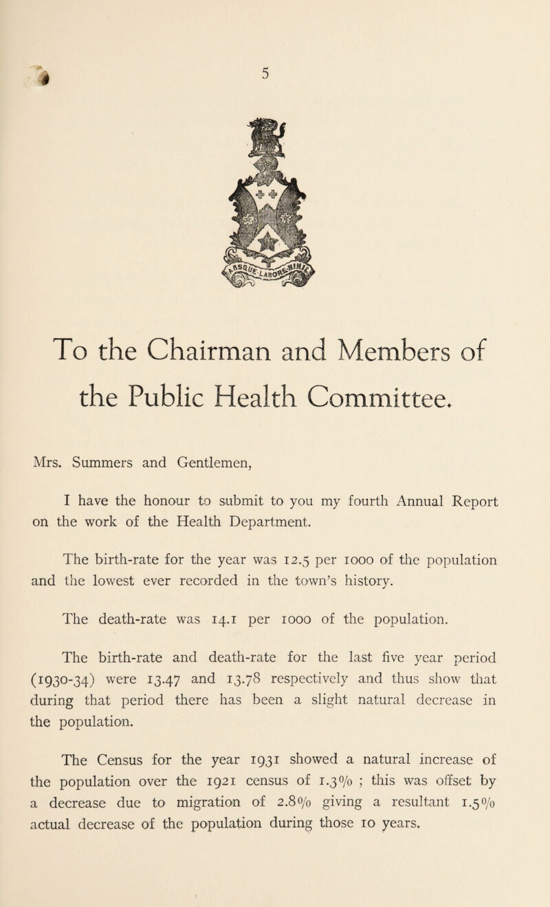 4 To the Chairman and Members of the Public Health Committee. Mrs. Summers and Gentlemen, I have the honour to submit to you my fourth Annual Report on the work of the Health Department. The birth-rate for the year was 12.5 per 1000 of the population and the lowest ever recorded in the town’s history. The death-rate was 14. i per 1000 of the population. The birth-rate and death-rate for the last five year period (1930-34) were 13.47 and 13.78 respectively and thus show that during that period there has been a slight natural decrease in the population. The Census for the year 1931 showed a natural increase of the population over the 1921 census of 1.3 0/0 ; this was offset by a decrease due to migration of 2.80/0 giving a resultant 1.50/0 actual decrease of the population during those 10 years.