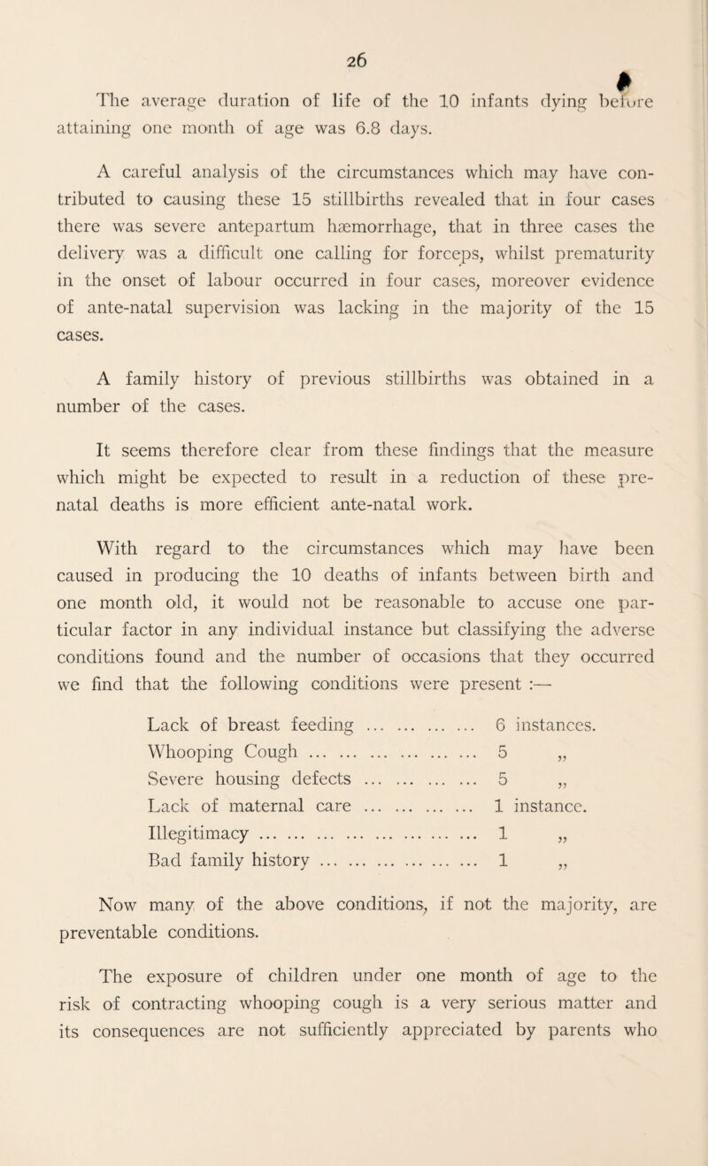 I he average duration of life of the 10 infants dying be) ore attaining one month of age was 6.8 days. A careful analysis of the circumstances which may have con¬ tributed to causing these 15 stillbirths revealed that in four cases there was severe antepartum haemorrhage, that in three cases the delivery was a difficult one calling for forceps, whilst prematurity in the onset of labour occurred in four cases, moreover evidence of ante-natal supervision was lacking in the majority of the 15 cases. A family history of previous stillbirths was obtained in a number of the cases. It seems therefore clear from these findings that the measure which might be expected to result in a reduction of these pre¬ natal deaths is more efficient ante-natal work. With regard to the circumstances which may have been caused in producing the 10 deaths of infants between birth and one month old, it would not be reasonable to accuse one par¬ ticular factor in any individual instance but classifying the adverse conditions found and the number of occasions that they occurred we find that the following conditions were present :— Lack of breast feeding ... Whooping Cough. Severe housing defects ... Lack of maternal care ... Illegitimacy. Bad family history. 6 instances. 1 instance. 1 1 Now many of the above conditions, if not the majority, are preventable conditions. The exposure of children under one month of age to the risk of contracting whooping cough is a very serious matter and its consequences are not sufficiently appreciated by parents who