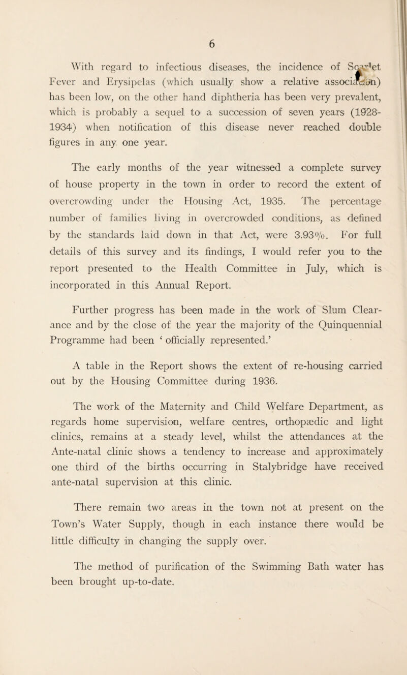 With regard to infectious diseases, the incidence of Sonnet Fever and Erysipelas (which usually show a relative associiSaGn) has been low, on the other hand diphtheria has been very prevalent, which is probably a sequel to a succession of seven years (1928- 1934) when notification of this disease never reached double figures in any one year. The early months of the year witnessed a complete survey of house property in the town in order to record the extent of overcrowding under the Housing Act, 1935. The percentage number of families living in overcrowded conditions, as defined by the standards laid down in that Act, were 3.93%. For full details of this survey and its findings, I would refer you to< the report presented to the Health Committee in July, which is incorporated in this Annual Report. Further progress has been made in the work of Slum Clear¬ ance and by the close of the year the majority of the Quinquennial Programme had been ‘ officially represented.’ A table in the Report shows the extent of re-housing carried out by the Housing Committee during 1936. The work of the Maternity and Child Welfare Department, as regards home supervision, welfare centres, orthopaedic and light clinics, remains at a steady level, whilst the attendances at the Ante-natal clinic shows a tendency to1 increase and approximately one third of the births occurring in Stalybridge have received ante-natal supervision at this clinic. There remain two areas in the town not at present on the Town’s Water Supply, though in each instance there would be little difficulty in changing the supply over. The method of purification of the Swimming Bath water has been brought up-to-date.