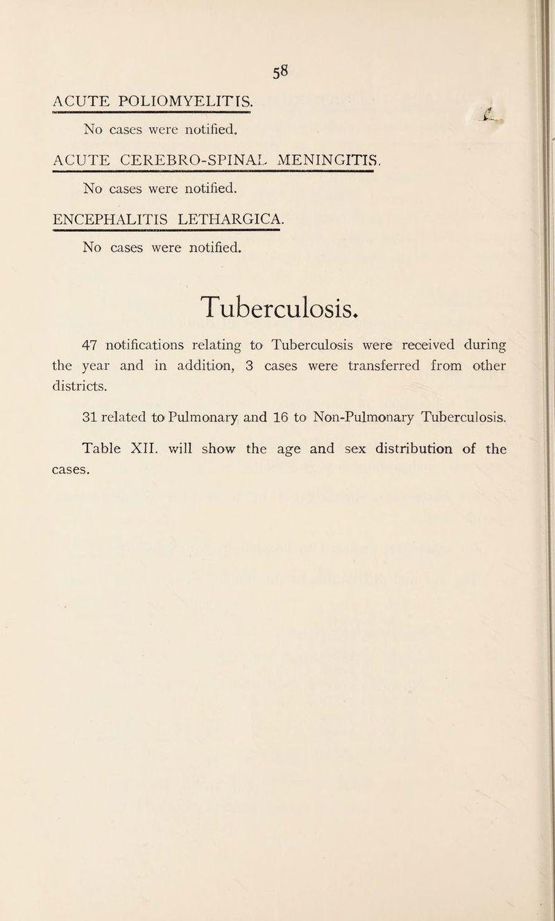 ACUTE POLIOMYELITIS. ------- 0 vC, No cases were notified. ACUTE CEREBRO-SPINAL MENINGITIS. No cases were notified. ENCEPHALITIS LETHARGICA. No cases were notified. Tuberculosis. 47 notifications relating to Tuberculosis were received during the year and in addition, 3 cases were transferred from other districts. 31 related to Pulmonary and 16 to Non-Pulmonary Tuberculosis. Table XII. will show the age and sex distribution of the cases.