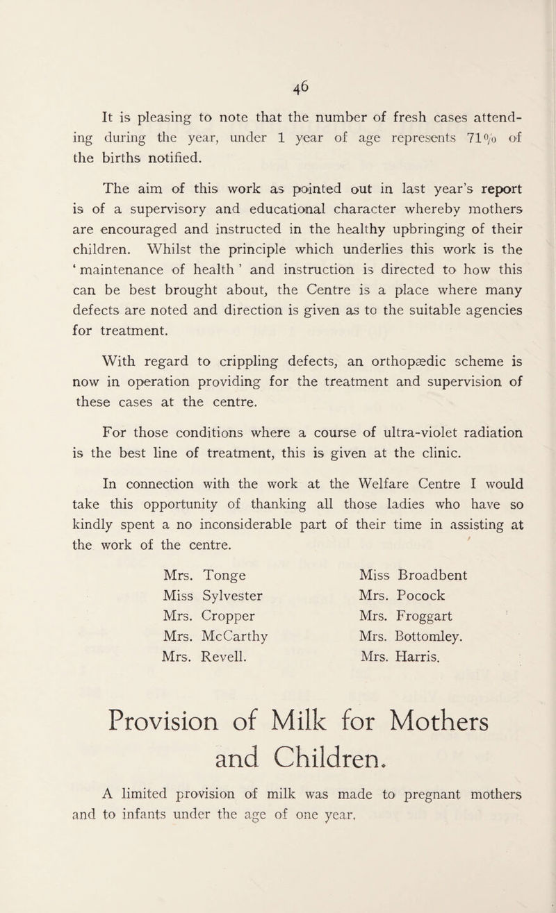 It is pleasing to note that the number of fresh cases attend¬ ing during the year, under 1 year of age represents 71°/o of the births notified. The aim of this work as pointed out in last year’s report is of a supervisory and educational character whereby mothers are encouraged and instructed in the healthy upbringing of their children. Whilst the principle which underlies this work is the ‘ maintenance of health ’ and instruction is directed to how this can be best brought about, the Centre is a place where many defects are noted and direction is given as to the suitable agencies for treatment. With regard to crippling defects, an orthopaedic scheme is now in operation providing for the treatment and supervision of these cases at the centre. For those conditions where a course of ultra-violet radiation is the best line of treatment, this is given at the clinic. In connection with the work at the Welfare Centre I would take this opportunity of thanking all those ladies who have so kindly spent a no inconsiderable part of their time in assisting at the work of the centre. Mrs. Tonge Miss Sylvester Mrs. Cropper Mrs. McCarthy Mrs. Revell. Miss Broadbent Mrs. Pocock Mrs. Froggart Mrs. Bottomley. Mrs. Harris. Provision of Milk for Mothers and Children. A limited provision of milk was made to pregnant mothers and to infants under the age of one year.