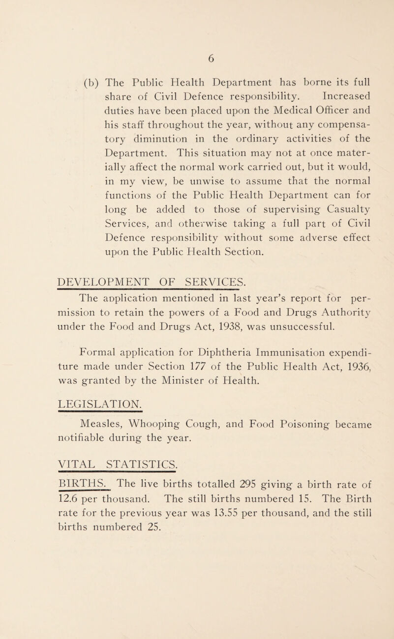 (b) The Public Health Department has borne its full share of Civil Defence responsibility. Increased duties have been placed upon the Medical Officer and his staff throughout the year, without any compensa¬ tory diminution in the ordinary activities of the Department. This situation may not at once mater¬ ially affect the normal work carried out, but it would, in my view, be unwise to assume that the normal functions of the Public Health Department can for long be added to those of supervising Casualty Services, and otherwise taking a full part of Civil Defence responsibility without some adverse effect upon the Public Health Section. DEVELOPMENT OF SERVICES. The aoplication mentioned in last year’s report for per¬ mission to retain the powers of a Food and Drugs Authority under the Food and Drugs Act, 1938, was unsuccessful. Formal application for Diphtheria Immunisation expendi¬ ture made under Section 177 of the Public Health Act, 1936, was granted by the Minister of Health. LEGISLATION. Measles, Whooping Cough, and Food Poisoning became notifiable during the year. VITAL STATISTICS. BIRTHS. The live births totalled 295 giving a birth rate of 12.6 per thousand. The still births numbered 15. The Birth rate for the previous year was 13.55 per thousand, and the still births numbered 25.