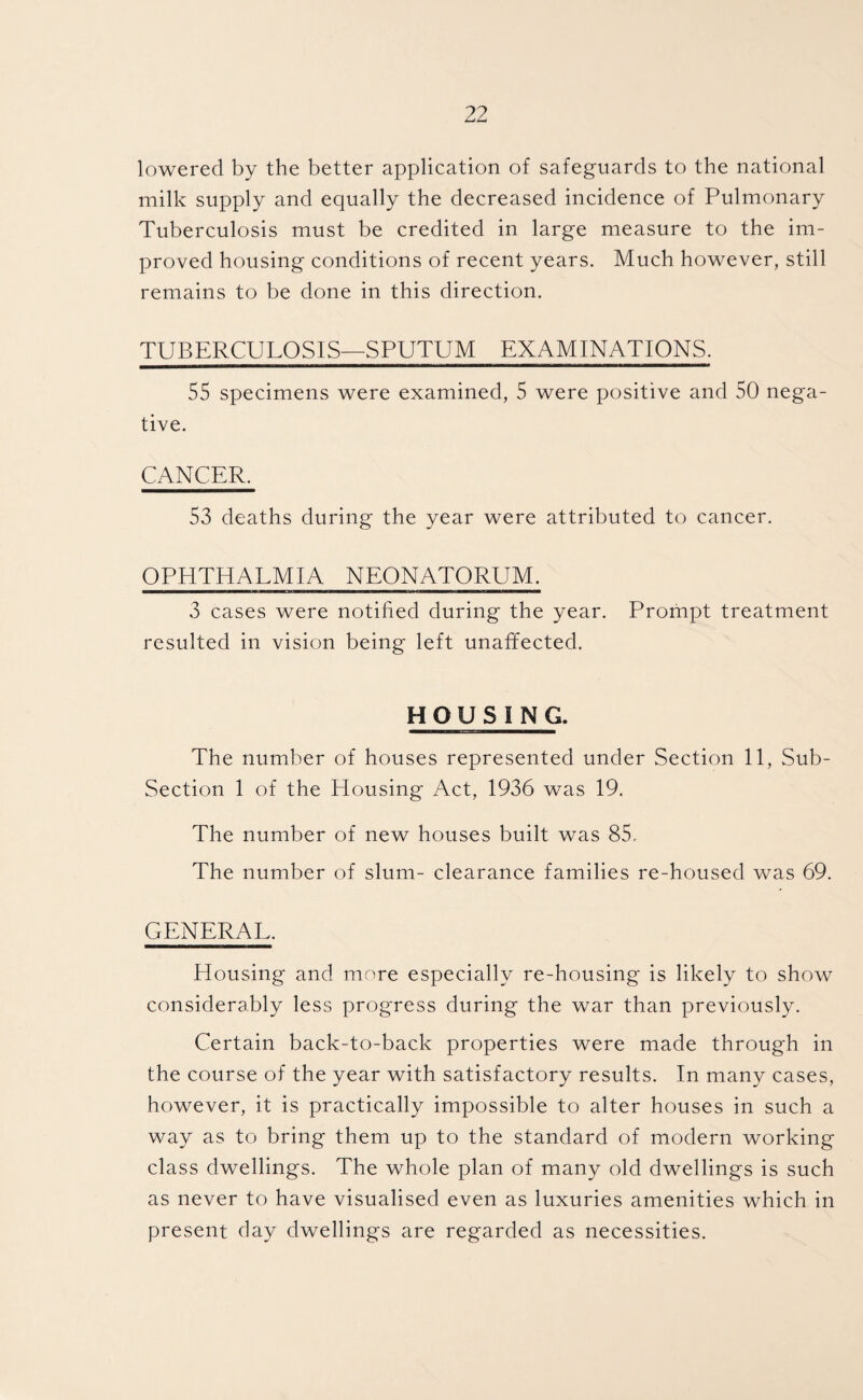 lowered by the better application of safeguards to the national milk supply and equally the decreased incidence of Pulmonary Tuberculosis must be credited in large measure to the im¬ proved housing conditions of recent years. Much however, still remains to be done in this direction. TUBERCULOSIS—SPUTUM EXAMINATIONS. 55 specimens were examined, 5 were positive and 50 nega¬ tive. CANCER. 53 deaths during the year were attributed to cancer. OPHTHALMIA NEONATORUM. 3 cases were notified during the year. Prompt treatment resulted in vision being left unaffected. HOUSING. The number of houses represented under Section 11, Sub- Section 1 of the Housing Act, 1936 was 19. The number of new houses built was 85. The number of slum- clearance families re-housed was 69. GENERAL. Housing and more especially re-housing is likely to show considerably less progress during the war than previously. Certain back-to-back properties were made through in the course of the year with satisfactory results. In many cases, however, it is practically impossible to alter houses in such a way as to bring them up to the standard of modern working class dwellings. The whole plan of many old dwellings is such as never to have visualised even as luxuries amenities which in present day dwellings are regarded as necessities.