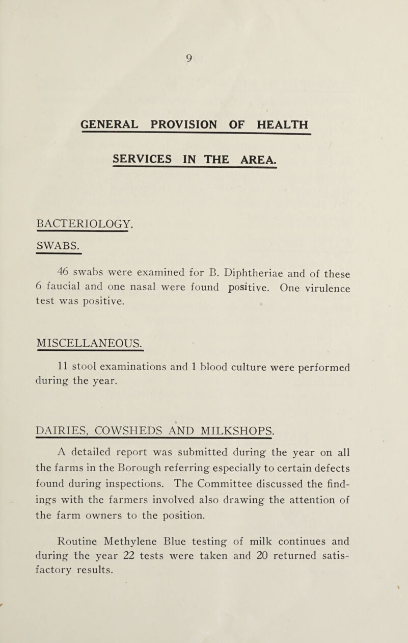 GENERAL PROVISION OF HEALTH SERVICES IN THE AREA. BACTERIOLOGY. SWABS. 46 swabs were examined for B. Diphtheriae and of these 6 faucial and one nasal were found positive. One virulence test was positive. MISCELLANEOUS. 11 stool examinations and 1 blood culture were performed during the year. DAIRIES, COWSHEDS AND MILKSHOPS. A detailed report was submitted during the year on all the farms in the Borough referring especially to certain defects found during inspections. The Committee discussed the find¬ ings with the farmers involved also drawing the attention of the farm owners to the position. Routine Methylene Blue testing of milk continues and during the year 22 tests were taken and 20 returned satis¬ factory results.