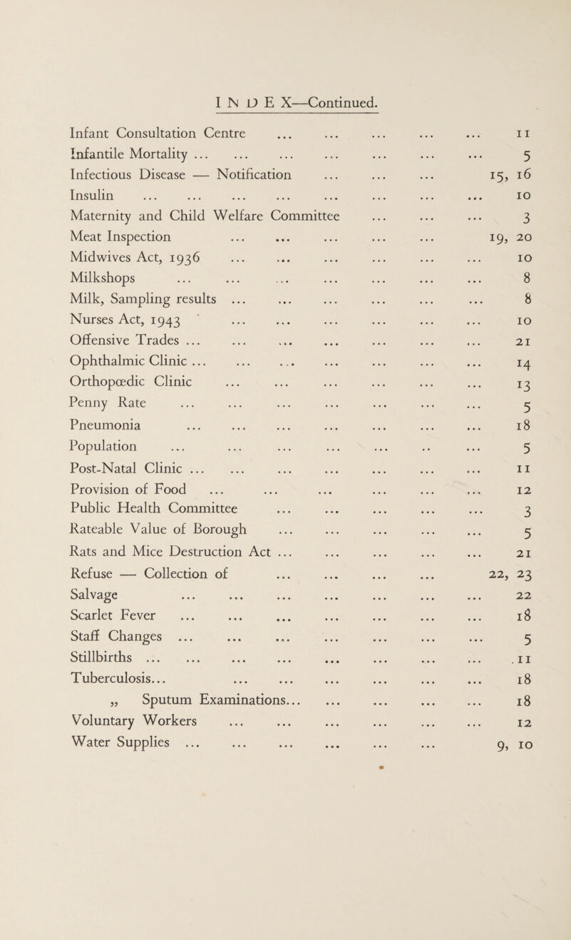 Infant Consultation Centre ... ... ... ... ... 11 Infantile Mortality. ... ... ... ... ... 5 Infectious Disease — Notification ... ... ... 15, 16 Insulin ... ... ... ... ... ... ... ... 10 Maternity and Child Welfare Committee ... ... ... 3 Meat Inspection ... ... ... ... ... 19, 20 Midwives Act, 1936 ... ... ... ... ... ... 10 Milkshops ... ... ... ... ... ... ... 8 Milk, Sampling results ... ... ... ... ... ... 8 Nurses Act, 1943 ‘ ... ... ... ... ... ... 10 Offensive Trades ... ... ... ... ... ... ... 21 Ophthalmic Clinic ... ... ... ... ... ... ... 14 Orthopoedic Clinic ... ... ... ... ... ... 13 Penny Rate ... ... ... ... ... ... ... 5 Pneumonia ... ... ... ... ... ... ... 18 Population ... ... ... ... ... .. ... 5 Post-Natal Clinic. ... ... ... ... ... ii Provision of Food ... ... ... ... ... ... 12 Public Health Committee ... ... ... ... ... 3 Rateable Value of Borough ... ... ... ... ... 5 Rats and Mice Destruction Act ... ... ... ... ... 21 Refuse — Collection of ... ... ... ... 22, 23 Salvage ... ... ... ... ... ... ... 22 Scarlet Fever ... ... ... ... ... ... ... 18 Staff Changes ... ... ... ... ... ... ... 5 Stillbirths . ... ... ... ... ... ... .11 Tuberculosis... ... ... ... ... ... ... 18 „ Sputum Examinations. ... ... ... 18 Voluntary Workers ... ... ... ... ... ... 12 Water Supplies 9, 10