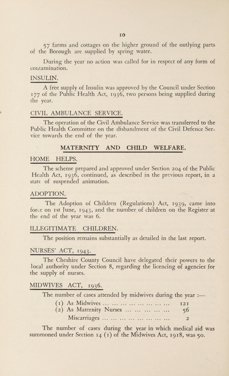 57 farms and cottages on the higher ground of the outlying parts of the Borough are supplied by spring water. During the year no action was called for in respect of any form of coritamination. INSULIN. A free supply of Insulin was approved by the Council under Section 177 of the Public Health Act, 1936, two persons being supplied during the year. CIVIL AMBULANCE SERVICE. The operation of the Civil Ambulance Service was transferred to the Public Health Committee on the disbandment of the Civil Defence Ser¬ vice towards the end of the year. MATERNITY AND CHILD WELFARE. HOME HELPS. The scheme prepared and approved under Section 204 of the Public Health Act, 1936, continued, as described in the previous report, in a state of suspended animation. ADOPTION. The Adoption of Children (Regulations) Act, 1939, came into force on ist June, 1943, and the number of children on the Register at the end of the year was 6. ILLEGITIMATE CHILDREN. The position remains substantially as detailed in the last report. NURSES’ ACT, 1943. The Cheshire County Council have delegated their powers to the local authority under Section 8, regarding the licencing of agencies for the supply of nurses. MID WIVES ACT, 1936. The number of cases attended by midwives during the year :— (1) As Midwives. 121 (2) As Maternity Nurses . 56 Miscarriages. 2 The number of cases during the year in which medical aid was summoned under Section 14 (i) of the Midwives Act, 1918, was 50.