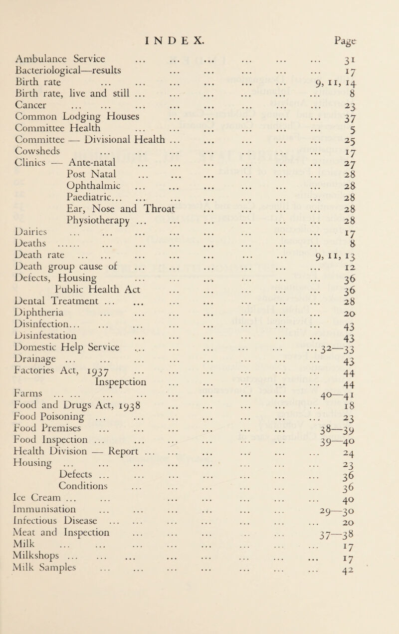 I N D E Ambulance Service Bacteriological—results Birth rate Birth rate, live and still ... Cancer . Common Lodging Houses Committee Health Committee — Divisional Health ... Cowsheds Clinics — Ante-natal Post Natal Ophthalmic Paediatric. Ear, Nose and Throat Physiotherapy ... Dairies Deaths . Death rate . Death group cause of Defects, Housing Public Health Act Dental Treatment. Diphtheria Disinfection. Disinfestation Domestic Help Service Drainage ... Factories Act, 1937 Inspepction Farms . Food and Drugs Act, 1938 Food Poisoning Food Premises Food Inspection ... Health Division — Report. Housing Defects ... Conditions Ice Cream ... Immunisation Infectious Disease . Meat and Inspection Milk . Milkshops. Milk Samples X. Page ... ... ... ... 31 ... ... ... ... 17 . 9^ iL H . 8 ... ... ... ... 2,'^ . 37 ... ... ... ... ... ... ... ... 25 ... ... ... ... ^7 27 28 ... ... ... ... 2> 8' 28 ... ... ... ... 2r 8 28 . 17 . 8 . 9>iLi3 ••• ••• ••• I . 3h . 3h 28 2a . 43 . 43 .32—33 . 43 44 • •• ••• ••• /| ... ... ... 40 18 ... ... ... ... 23 ... ... ... 38 39 . 39—40 ... ... ... ... 24 . 23 36 . 36 . 40 .. 29—30 20 . 37— . 17 . 17 . 42