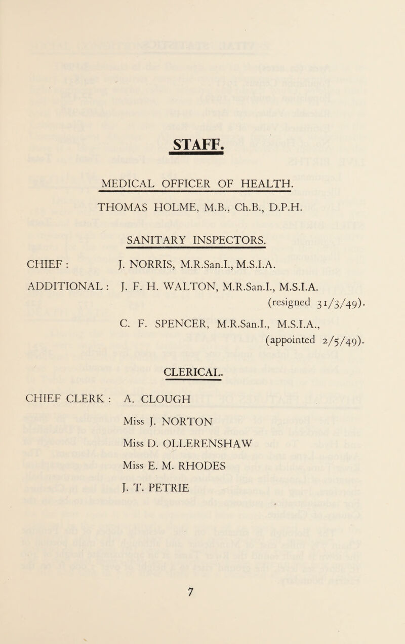 STAFF. MEDICAL OFFICER OF HEALTH. THOMAS HOLME, M.B., Ch.B., D.P.H. SANITARY INSPECTORS. CHIEF : J. NORRIS, M.R.San.I., M.S.I.A. ADDITIONAL : J. F. H. WALTON, M.R.San.I., M.S.I.A. (resigned 31/3/49) C. F. SPENCER, M.R.San.I., M.S.I.A., (appointed 2/5/49) CLERICAL. CHIEF CLERK : A. CLOUGH Miss J. NORTON Miss D. OLLERENSHAW Miss E. M. RHODES J. T. PETRIE