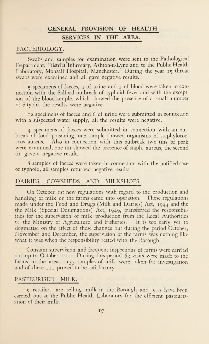 SERVICES IN THE AREA. BACTERIOLOGY. Swabs and samples for examination were sent to the Pathological Department, District Infirmary, Ashton-u-Lyne and to the Public Health Laboratory, Monsall Hospital, Manchester. During the year 15 throat swabs were examined and all gave negative results. 5 specimens of faeces, i of urine and i of blood were taken in con¬ nection with the Salford outbreak of typhoid fever and with the except ion of the blood sample, which showed the presence of a small number of S.typhi, the results were negative. 12 specimens of faeces and 6 of urine were submitted in connection with a suspected water supply, all the results were negative. 4 specimens of faeces were submitted in connection with an out¬ break of food poisoning, one sample showed organisms of staphylococ- ccus aureus. Also in connection with this outbreak two tins of pork were examined, one tin showed the presence of staph, aureus, the second tin gave a negative result. 8 samples of faeces were taken in connection with the notified case or typhoid, all samples returned negative results. DAIRIES, COWSHEDS AND MILKSHOPS. On October ist new regulations with regard to the production and handling of milk on the farms came into operation. These regulations made under the Food and Drugs (Milk and Dairies) Act, 1944 the Milk (Special Designations) Act, 1949, transferred the responsibil¬ ities for the supervision of milk production from the Local Authorities t) the Ministry of Agriculture and Fisheries. It is too early yet to dogmatise on the effect of these changes but during the period October, November and December, the supervision of the farms was nothing like what it was when the responsibility rested with the Borough. Constant supervision and frequent inspections of farms were carried out up to October ist. During this period 63 visits were made to the farms in the area. 133 samples of milk were taken for investigation and of these 111 proved to be satisfactory. PASTEURISED MILK. 5 retailers are selling milk in the Borough and tests have been carried out at the Public Health Laboratory for the efficient pasteuris ation of their milk. ^7