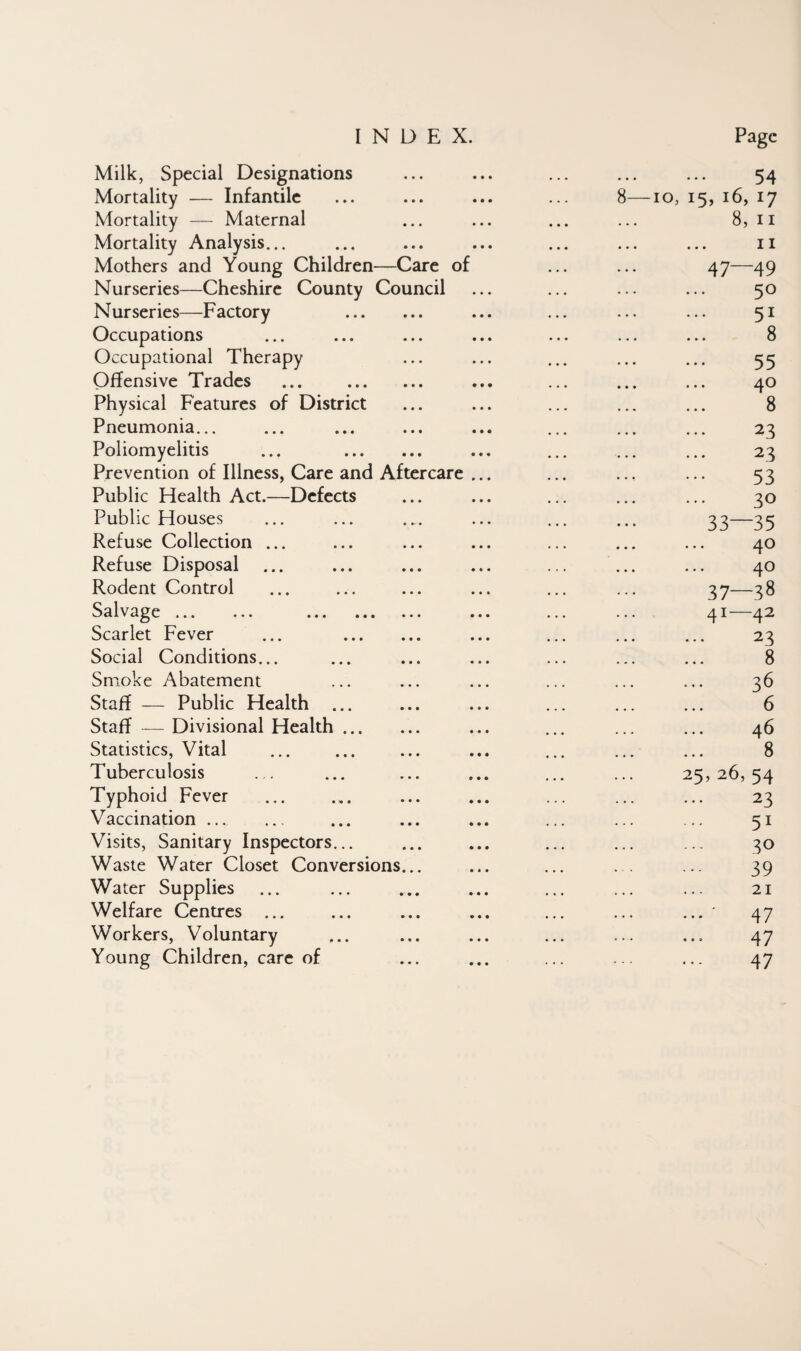 Milk, Special Designations Mortality — Infantile Mortality — Maternal Mortality Analysis... Mothers and Young Children—Care of Nurseries—Cheshire County Council N ur series—F actory Occupations Occupational Therapy Offensive Trades Physical Features of District Pneumonia... Poliomyelitis Prevention of Illness, Care and Aftercare Public Health Act.—Defects Public Houses Refuse Collection ... Refuse Disposal Rodent Control Salvage. . Scarlet Fever Social Conditions... Smoke Abatement Staff — Public Health ... Staff — Divisional Health ... Statistics, Vital Tuberculosis Typhoid Fever Vaccination. Visits, Sanitary Inspectors... Waste Water Closet Conversions Water Supplies Welfare Centres ... Workers, Voluntary Young Children, care of . 54 8—lo, 15, 16, 17 8, II II 47—49 . 50 . 51 . 8 . 55 40 . 8 23 23 53 30 33—35 40 40 37—38 41—42 23 8 36 6 46 8 25, 26, 54 23 51 30 39 21 47 47 47