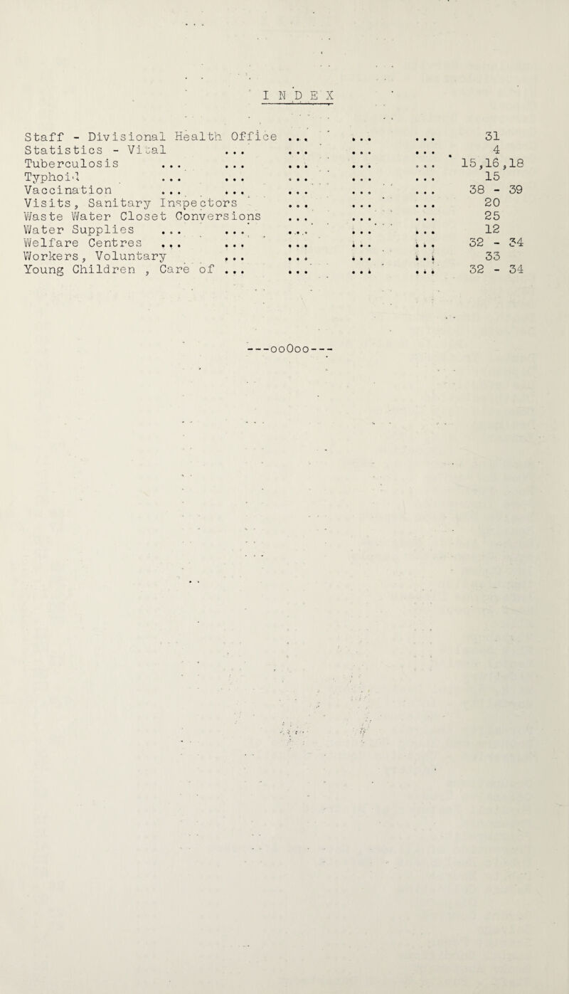 Staff - Divisional Health Office .. Statistics - Vi::al ... Tuberculosis ... ... Typhoi'l ... ... Vaccination ... ... Visits, Sanitary Inspectors V/aste Water Closet Conversions Vi/ater Supplies ... ^ ...^ ^ 'Welfare Centres ... . . .' Workers, Voluntary ,,, Young Children , Care of ... .. 0 • • 51 • • • 4 o a • 15,16 CO 1—1 • a « 15 a a a 38 - 39 a a • 20 a a a 25 • a • 12 • • • 52 - 34 ^ ^ 33 • i * 32 - 34 ---ooOoo-