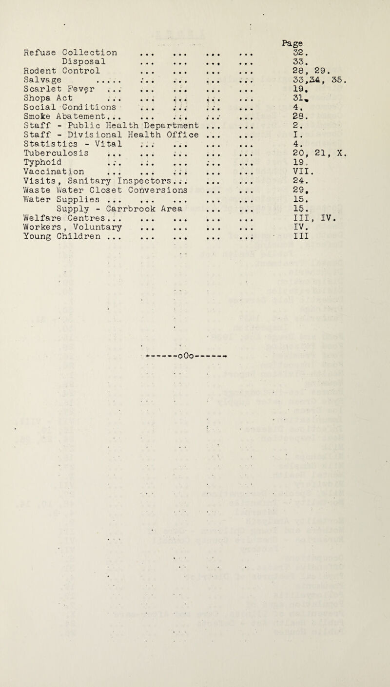Refuse Collection . Disposal ... ... Rodent Control . Salvage ..... ;. . ... Scarlet Fever ..; ... . ;. Shopa Act ... ... ;,. Social Conditions ... ;. . Smoke Abatement... ... . , Staff - Public Health Department Staff - Divisional Health Office Statistics - Vital ;. ... Tuberculosis . ;.. Typhoid . . . ;. ... Vaccination ... ... ;;. Visits, Sanitary Inspectors..-. Ymste Water Closet Conversions V/ater Supplies. ... Supply - Carrbrook Area V/elfare Centres... ... ... Workers, Voluntary . Young Children . Page 32. 33. 28, 29. 33,i34, 36. 19. 31. 4. 28. 2. I. 4. 20, 21, X. 19. VII. 24. 29. 15. 15. III, IV. IV. Ill oOo--
