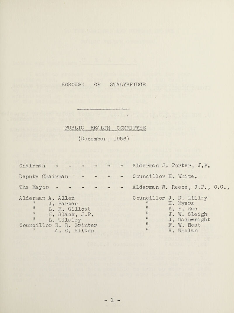 BOROUGH OF STALyBRIDGE PUBLIC HEALTH COMMITOrEE (December; 1956) Chairman ------ Alderman J. Deputy Chairman - - - - Councillor The ilayor ------ Alderman Alderman A. Allen Councillor J. Barker “  L. M. Gillott ” li. Slack, J.P. ” ’’ L, Tilsley '•* Councillor R. B. Grinter ’’ A. 0. Hilton Porter, J.P, H. VAiite, Reece , J.P., C.G., J. D, Lilley H. Myers K. F, Rae J. W. Sleigh J. \7ainwright P. V/. West V. Whelan