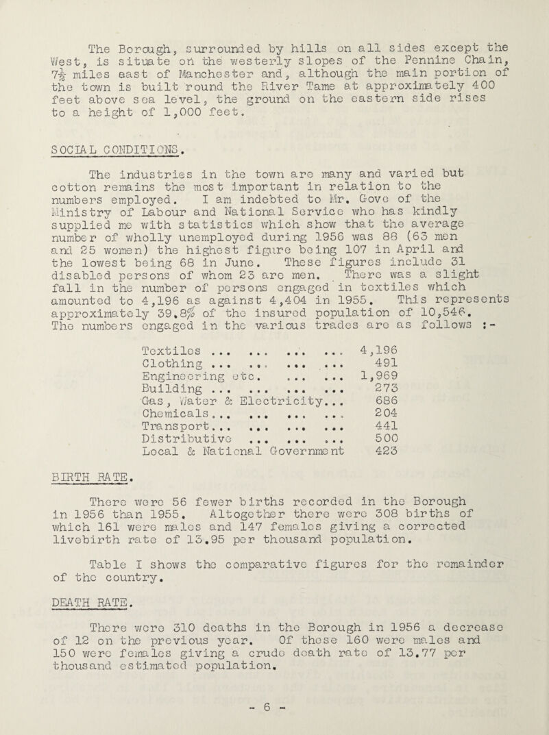 The Borcugh, surrounded by hills on all sides except the West, is situate on the v^esterly slopes of the Pennine Chain, 7-|- miles aast of Manchester and, although the main portion of the town is built round the River Tame at approximately 4 00 feet above sea level, the ground on the eastern side rises to a height of 1,000 feet. SOCIAL CONDITIONS. The industries in the town are many and varied but cotton remains the most important in relation to the numbers employed. I am indebted to Mr, Gove of the Ministry of Labour and National Service who has kindly supplied me v/ith statistics v/hich show that the average number of wholly unemployed during 1956 was 88 (6o men and 25 women) the highest figure being 107 in April and the lowest being 68 in June. Those figures include 31 disabled persons of whom 23 arc men. There was a slight fall in the number of persons engaged in textiles which amounted to 4,196 as against 4,404 in 1955. This represents approximately 39,8^ of the insured population of 10,546. The numbers engaged in the various trades are as follov/s Textiles.. Clothing.. . •. . .. Engineering etc, . Building . Gas, Water & Electricity... Chemicals.. Transport. Distributive . Local cc National Government 4,196 491 1,969 273 686 2 04 441 500 423 BIRTH RATE. There were 56 fewer births recorded in the Borough in 1956 than 1955, Altogether there were 308 births of v/hich 161 were n:alos and 147 females giving a corrected livebirth rate of 15,95 per thousand population. Table I shov/s the comparative figures for the remainder of the country, DEATH RATE. There v/oro 310 deaths in the Borough in 1956 a decrease of 12 on the previous year. Of those 160 were males and 15 0 v/erc females giving a crude death rate of 13,77 per thousand estimated population.