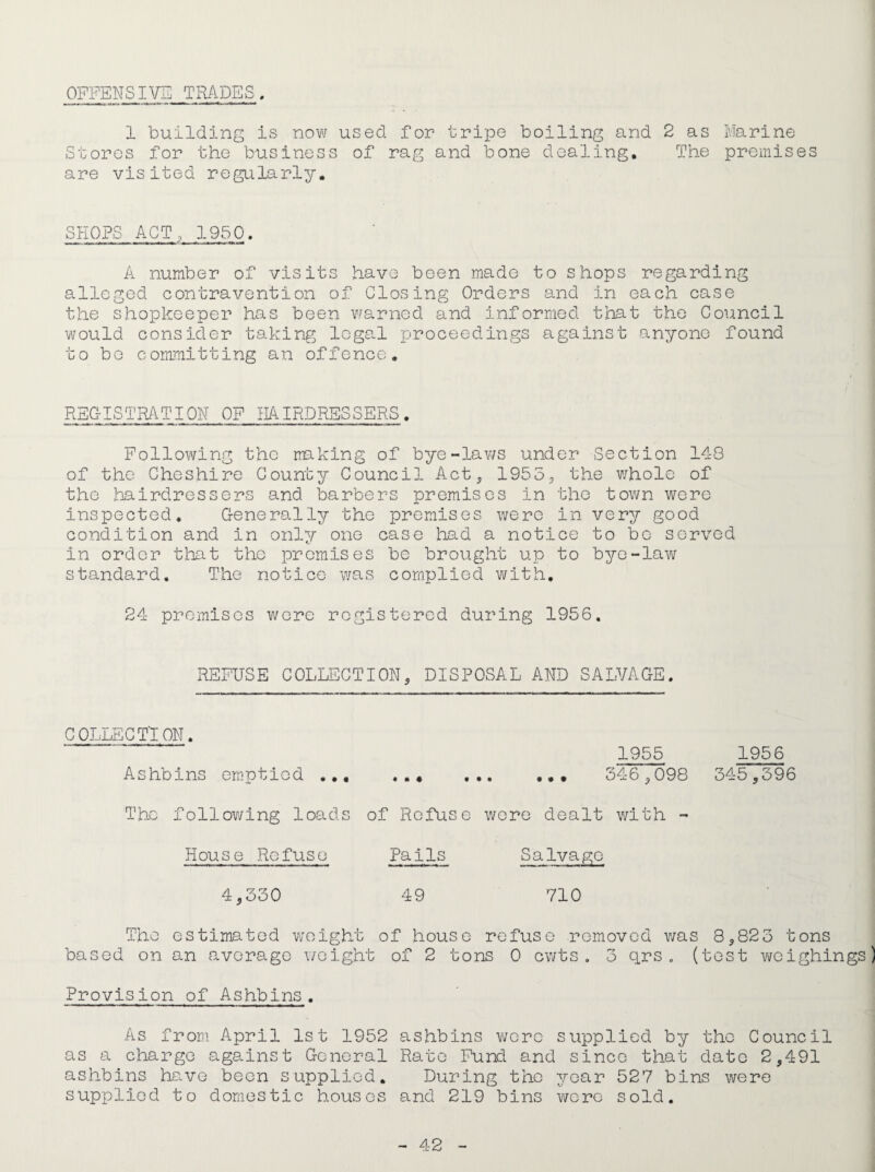 OFFENSIVE TRADES. 1 building is now used for tripe boiling and 2 as Marine Stores for the business of rag and bone dealing. The premises are visited regularly. SHOPS ACT, 1950. A number of visits have been made to shops regarding alleged contravention of Closing Orders and in each case the shopkeeper has been v.rarned and informed that the Council would consider taking legal proceedings against anyone found to bo committing an offence. REGISTRATION OF HAIRDRESSERS. Following the making of bye-laws under Section 148 of the Cheshire County Council Act^ 1955, the v/hole of the hairdressers and barbers premises in the town were inspected. Generally the premises were in very good condition and in only one case had a notice to be served in order that the promises be brought up to bye-law standard. The notice was complied with. 24 premises wore registered during 1956. REFUSE COLLECTION, DISPOSAL AND SALVAGE. COLLECTION. Ashbins em.ptlod ,,, 1955 1956 346,098 345,396 The follov/ing loads of Refuse v/ore dealt with - House Refuse 4,330 Pails 49 Salvage 710 The estimated weight of house refuse removed v;as 8,823 tons based on an average weight of 2 tons 0 cwts . 3 qrs . (test v\fcighings) Provision of Ashbins. As from April 1st 1952 ashbins wore supplied by the Council as a charge against General Rato Fund and since that date 2,491 ashbins hauve been supplied. During the year 527 bins were supplied to domestic houses and 219 bins were sold.