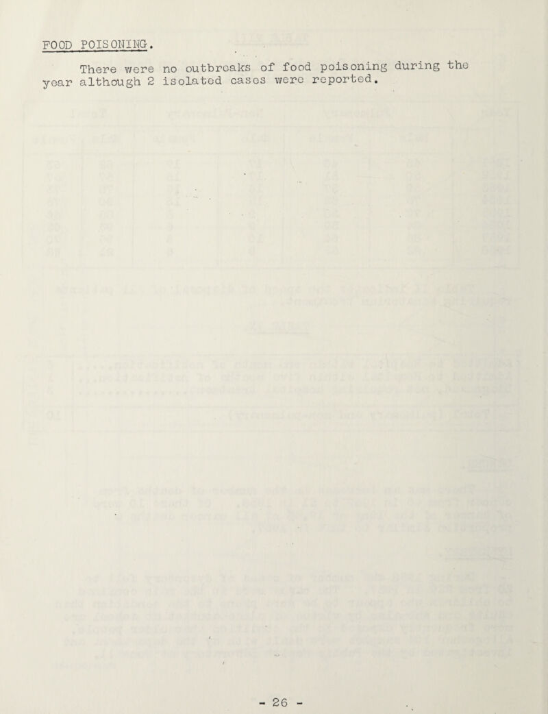 FOOD POISONING. There were no outbreaks of food poisoning during the year although 2 isolated cases were reported.