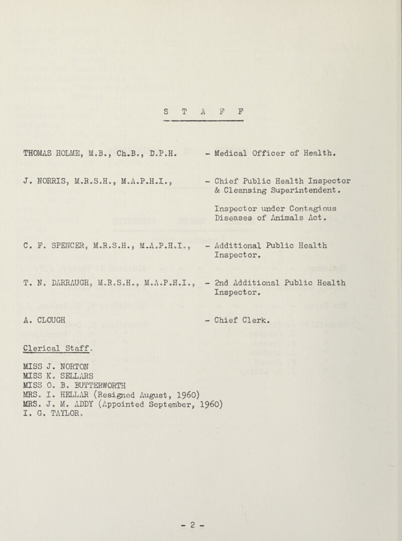 STAFF THOfiilS HOLME, M.B., Ch,B,, D.P.H. J. NORRIS, M.RoS.H., M.A.P.H.I., C. P. SPENCER, MeR.S.H., M.A,P,H.Io, - Medical Officer of Health, - Chief Public Health Inspector & Cleansing Superintendent. Inspector under Contagious Diseases of Animals Act. - Additional Public Health Inspector. T. N, DiiRRAUGH, M„RoS,H,, M.A.P.H.I., - 2nd Additional Public Health Inspector, A. CLOUGH - Chief Clerk. Clerical Staff. MISS J. NORTON MISS Ko SELLilRS MISS 0, Bo BUTTERWORTH MRSo I. HELL^\R (Resigned August, I960) MRS. J, M. ADDY (Appointed September, I96O) I. G. TAYLORo