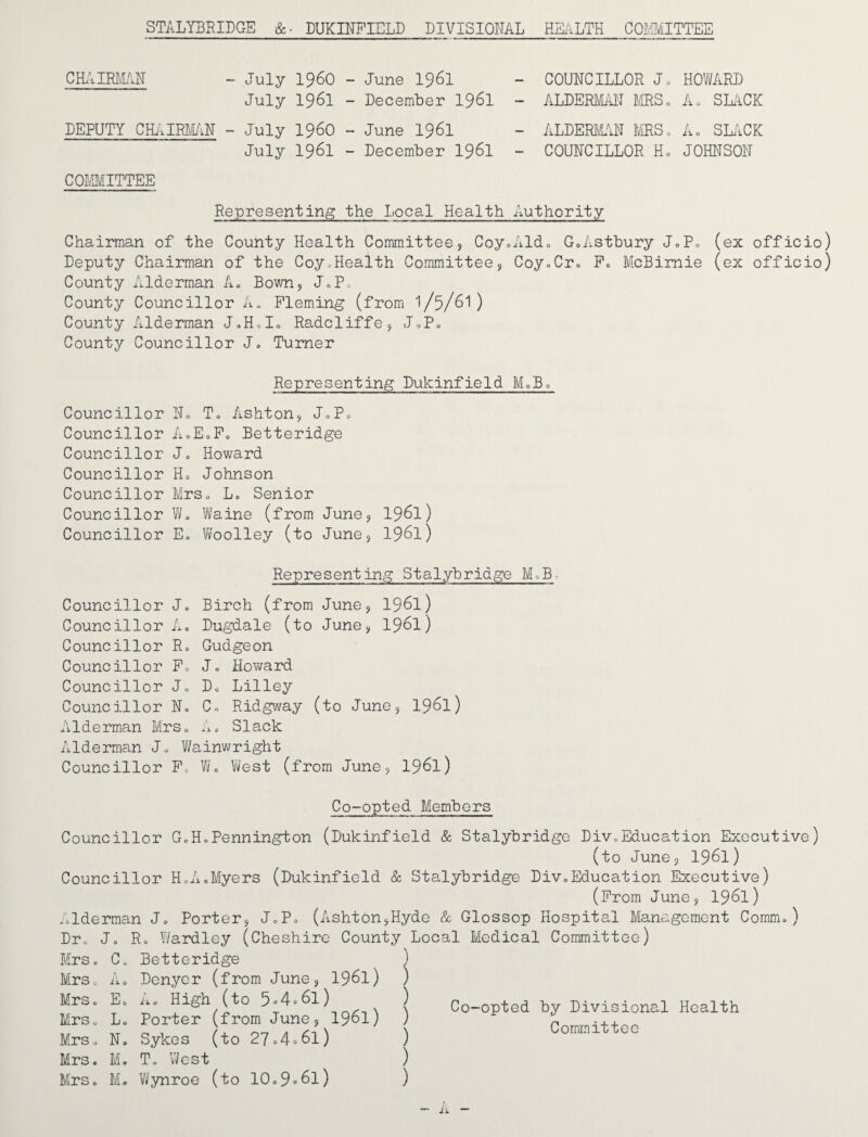 STALYBRIDGE &. DUKINFIELD DIVISIONAL HEALTH COMMITTEE CHAIRMAN - July I960 - June 1961 July 1961 - December 1961 DEPUTY CHAIRMAN - July i960 - June 1961 July 1961 - December 1961 COUNCILLOR Jo HOWARD ALDERMAN MRS* A. SLACK ALDERMAN MRS0 A. SLACK COUNCILLOR Ho JOHNSON COMMITTEE Representing the Local Health Authority Chairman of the County Health Committee, Coy.Ald. G.Astbury J.P. (ex officio) Deputy Chairman of the Coy.Health Committee, Coy.Cr. Pc McBimie (ex officio) County Alderman Ac Bown, J.P. County Councillor Ac Fleming (from I/5/6I) County Alderman J,HoIc Radcliffe, J,P» County Councillor J. Turner Representing Dukinfield MoB. Councillor Councillor Councillor Councillor Councillor Councillor Councillor No To Ashton, J.P= AoEcPc Betteridge Jo Howard Ho Johnson MrSo Lc Senior Wo Waine (from June, 1961) Eo Woolley (to June, 196l) Councillor J. Councillor A. Councillor R. Councillor Fc Councillor J. Councillor No Alderman Mrs. Representing Stalybridge M = B Birch (from June, 1961) Dugdale (to June, 1961) Gudgeon J o Howard Do Lilley Co Ridgway (to June, 1961) A. Slack Alderman J. Wainwright Councillor Fc W. West (from June, 1961) Co-opted Members Councillor GoH»Pennington (Dukinfield & Stalybridge DiVeEducation Executive) (to June, 196l) Councillor HoA.Myers (Dukinfield & Stalybridge Div0Education Executive) (From June, 1961) Alderman J = Porter, JoP. (Ashton,Hyde & Glossop Hospital Management Comm. ) Dr. J» Ro Wardley (Cheshire County Local Medical Committee) MrSo Co Betteridge ^ Mrs. Ac Denyer (from June, 1961) ) Mrs., Ec Ac High (to 5-4=61) ) MrSo Lo Porter (from June, 1961) ) Mrs. N. Sykes (to 27=4=61) Mrs. M. To West Mrs. Mo Wynroe (to 10.9»6l) Co-opted by Divisional Health Committee