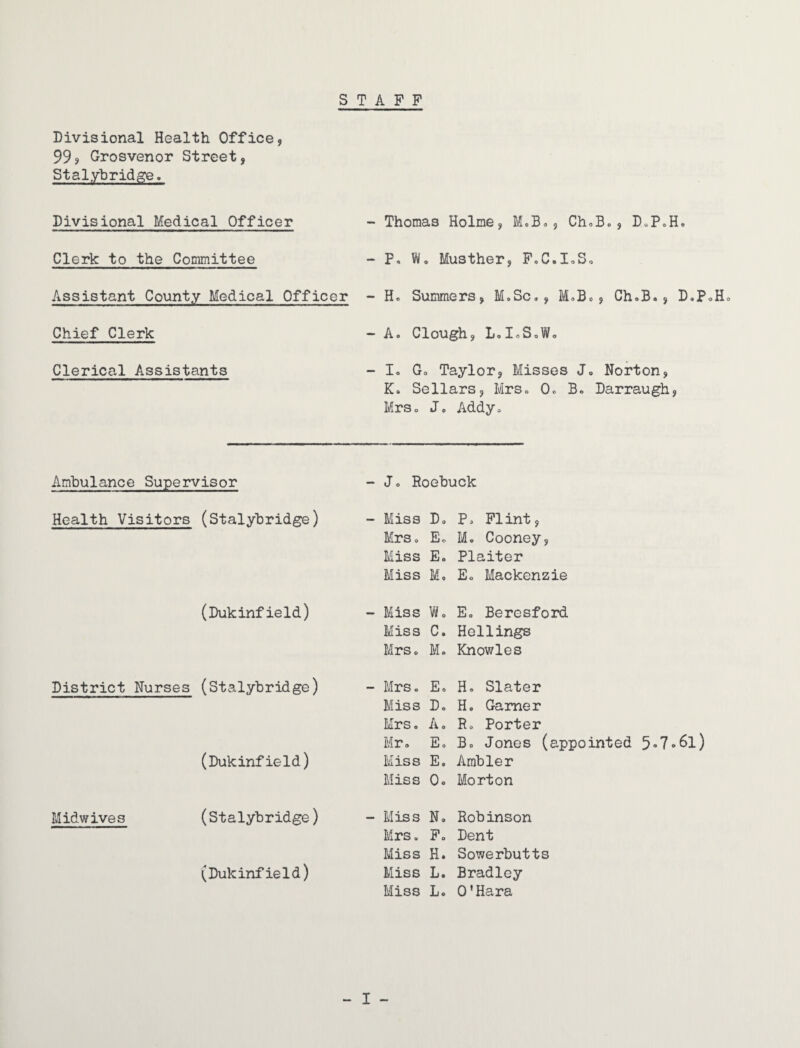 STAFF Divisional Health Office, 99? Grosvenor Street, Stalybridge. Divisional Medical Officer - Thomas Holme, M.B., ChoB., DoPoH. Clerk to the Committee - P. W. Musther, FoC.I.So Assistant County Medical Officer - He Summers, M.Sc., M.B., Ch.B., D.PoHo Chief Clerk - A. Clough, L.LS J, Clerical Assistants - I. Go Taylor, Misses Jo Norton, Ke Sellars, Mrs. Oo B. Darraugh, Mrso Jo Addy. Ambulance Supervisor - J o Roebuck Health Visitors (Stalybridge) (Dukinfield) District Nurses (Stalybridge) (Dukinfield) Midwives (Stalybridge) (Dukinfield) - Miss Do MrSo Eo Miss Eo Miss Mo P o FIint, M. Cooney, Plaiter Eo Mackenzie - Miss Wo Eo Beresford Miss C. Hellings Mrso Mo Knowles - Mrs. Eo Miss Do Mrs. A. Mr. Eo Miss E. Miss Oo Ho Slater H, Gamer Ro Porter Bo Jones (appointed 5-7-6l) Ambler Morton - Miss No Mrs o F. Miss H. Miss L. Miss L. Robinson Dent Sowerbutts Bradley O'Hara