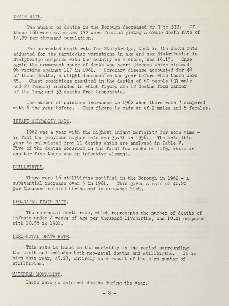 DEATE RATEo The number od deaths in the Borough decreased by 3 to 332. Of these 160 were males and 172 v;ere females giving a crude death rate of 14*99 per thousand population. The corrected death rate for Stalybridge, that is the death rate adjusted for the particular variations in age and sex distribution in Stalybridge compared with the country as a wholej was I6.15. Once again the commonest cause of death was heart disease which claimed 98 victims against 117 in 196I. Coronary disease accounted for 48 of those deaths, a slight, decrease'^bn the year before v/hen there were 55* Chest conditions resulted in the deaths of 60 people (37 male and 23 female) included in v;hich figure are 12 deaths from cancer of the lung and 33 deaths from bronchitis. The number of suicides increased in 19^2 v/hen there were 7 compared with 6 the year before. This figure is made up of 2 males and 5 females. INFANT MORTALITY RATE. 1962 v/as a year v/ith the highest infant mortality for some time - in fact the previous higher rate v/as 35*71 in 195e. The rate this year is calculated from 11 deaths which are analysed in Table V. Five of the deaths occurred in the first few v/eeks of lifgj while in another five there was an infective element. STILLBIRTHS. There were I6 stillbirths notified in the Borough in 19^2 - a substantial increase over 5 in 19^1, This gives a rate of 40.20 per thousand related births and is somewhat high. NEO-NATAL DEATH RATE. The neo-natal death rate, v/hich represents the number of deaths of infants under 4 weeks of age per thousand livebirths, was 10,47 compared with 10.58 in 1961. PERI-NATAL DEATE RATE. This rate is based on the mortality in the period surrounding the birth and includes both neo-natal deaths and stillbirths. It is high this year, 45*23? entirely as a result of the high number of stillbirths. MATERNAL M0RT;\LITY. There were no maternal deaths during the year.