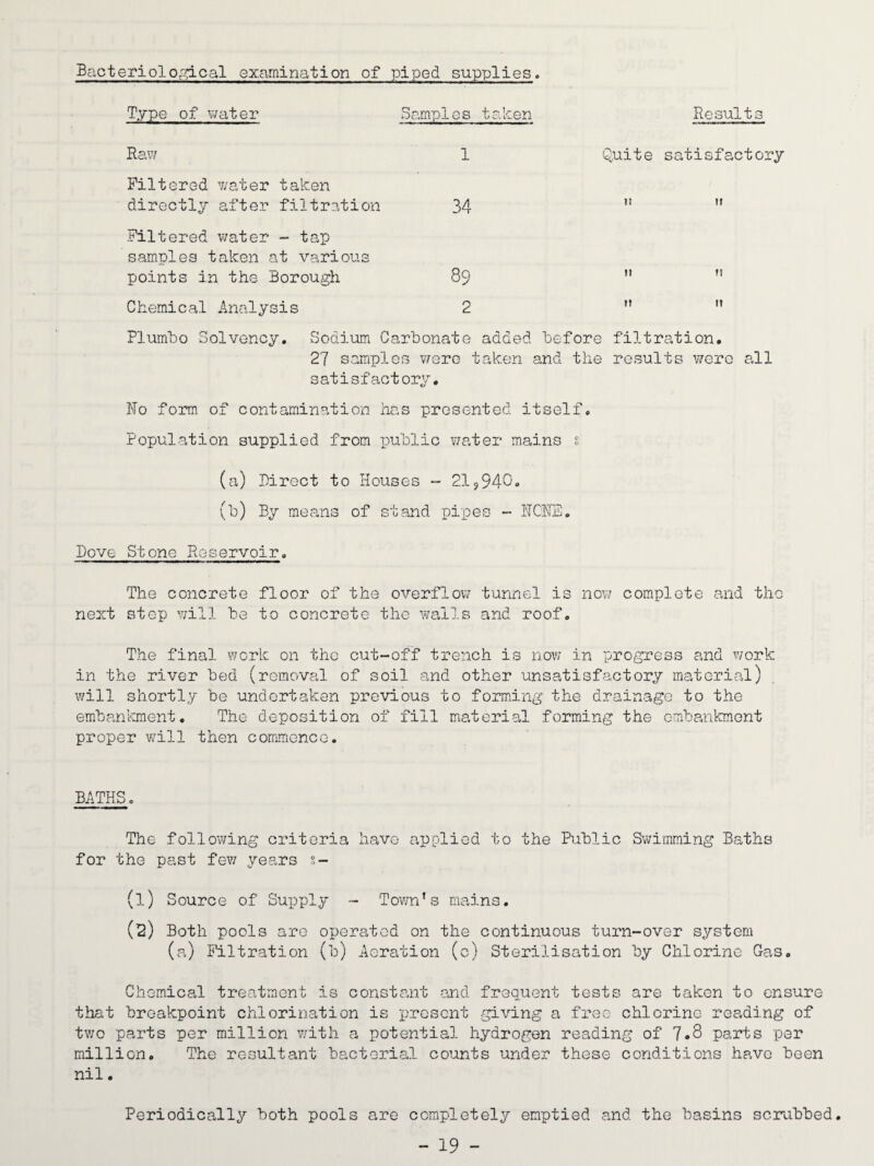 Bacteriolo;':ical examination of piped supplies. Type of water Samples taken Results Raw 1 Quite satisfactory Filtered water taken directly after filtration 34 II II Filtered v/ater - tap samples taken at various points in the Borough 89 II 1! Chemical Analysis 2 II II PIumbo Solvency. Sodium Ca rbonate added before filtr • sq 0 •H 27 samples were taken and the results v/erc all satisfactory. No form of contamination has presented itself. Population supplied from public water mains s (a) Direct to Houses - 219940- (h) By means of stand pipes - HCNE. Dove Stone Reservoir, The concrete floor of the overflow tunnel is now complete and the next step will be to concrete the walls and roof. The final v/ork on the cut-off trench is now in progress and work in the river bed (removal of soil and other unsatisfactory material) will shortly be undertaken previous to forming’ the drainage to the em.bankraent. The deposition of fill material forming the embankment proper will then commience. BATHS, The following criteria have applied to the Public Swimming Baths for the past fev; years s- (1) Source of Supply - Tov/n’s mains. (2) Both pools are operated on the continuous turn-over system (a) Filtration (b) Aeration (c) Sterilisation by Chlorine Gas. Chemical treatment is constant and frequent tests are taken to ensure that breakpoint chlorination is present giving a free chlorine reading of two parts per million with a potential hydrogen reading of 7-8 parts per million. The resultant bactoDrial counts under these conditions have been nil. Periodically both pools are completely emptied and the basins scrubbed.