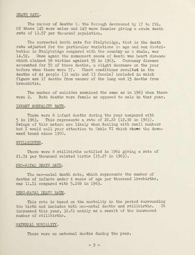 DEATH RATE. The nu]iber of deaths the Borough decreased by 17 to 294* Of these 145 were males and 149 were females giving a crude death rate of 13.57 per thousand population. The corrected death rate for Stalybridge, that is the death rate adjusted for the particular variations in age and sex distri¬ bution in Stalybridge compared v^ith the country as a -whole, was 14.52. Once again the commonest cause of death was heart disease which claimed 98 victims against 95 1963. Coronary disease accounted for 55 of these deaths, a slight decrease on the year before when there were 57* Chest conditions resulted in the deaths of 44 people (3I male and 13 female) included in v/hich figure are I7 deaths from cancer of the lung and I5 deaths from bronchitis. The number of suicides remained the same as in I963 when there were 2. Beth deaths were female as opposed to male in that year. IIIFAHT MORTALITY RATE. There v/ere 8 infant deaths during the year compared with 5 in 1963. This represents a rate of 22.22 (l2.92 in 1963). Swings of this nature are likely when dealing with small numbers but I would call your attention to Table VI which shows the down¬ ward trend since I9OO. STILLBIRTHS. There were 8 stillbirths notified in 1964 giving a rate of 21.74 per thousand related births (15.27 in 1963). NEO-MATAL DEATH RATE. The neo-natal death rate, which represents the number of deaths of infants under 4 w'-eeks of age per thousand livebirths, was 11.11 compared with 5.I68 in I963. PERI-NATAL DEATH RATE. This re.te is based on the mortality in the period surrounding the birth and includes both neo-natal deaths and stillbirths. It increased this year, 32.61 mainly as a result of the increa-sed number of stillbirths. IIATERI-'IAL MORTALITY. There were no maternal deaths during the year.