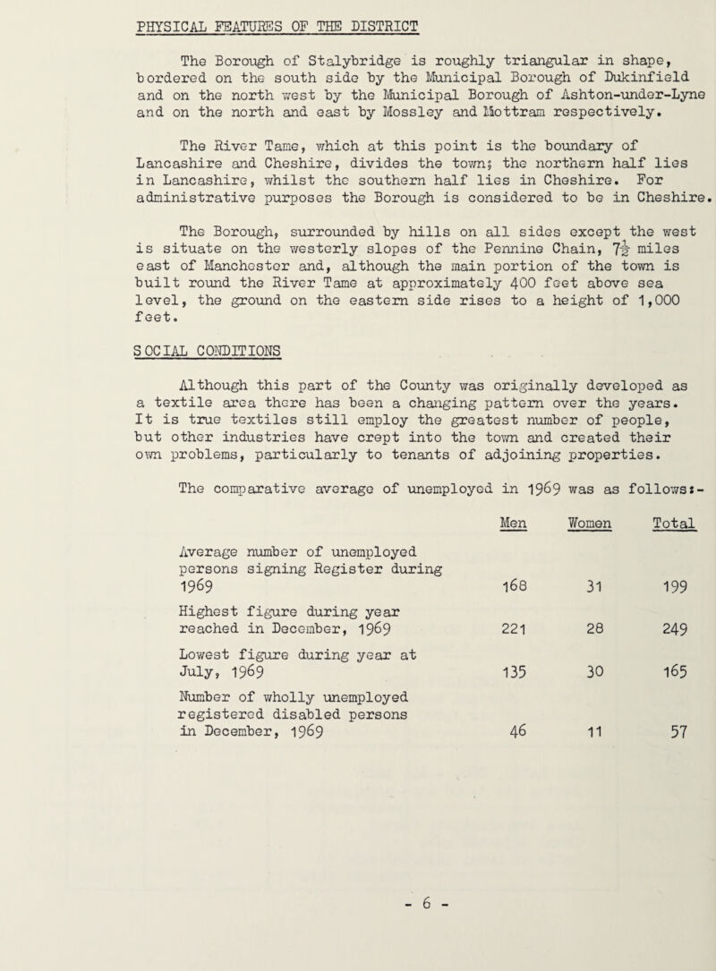PHYSICAL FEATUHSS OF THE DISTRICT The Borough of Stalyhridge is roughly triangular in shape, bordered on the south side by the Municipal Borough of Bukinfield and on the north v/est by the Ivfunicipal Borough of Ashton-under-Lyne and on the north and east by Mossley and Ilottram respectively. The River Tame, which at this point is the boundary of Lancashire and Cheshire, divides the town; the northern half lies in Lancashire, whilst the southern half lies in Cheshire. For administrative purposes the Borough is considered to be in Cheshire. The Borough, surrounded by hills on all sides except the west is situate on the westerly slopes of the Pennine Chain, Th niiles east of Manchostor and, although the main portion of the town is built round the River Tame at approximately 4OO feet above sea level, the ground on the eastern side rises to a height of 1,000 feet. SOCIAL CONDITIONS Although this part of the County was originally developed as a textile area there has been a changing pattern over the years. It is true textiles still employ the greatest number of people, but other industries have crept into the to^;m and created their o\m problems, particularly to tenants of adjoining properties. The comparative average of unemployed in 19^9 was as follows: Men Women Total Average number of unemployed persons signing Register during 1969 168 31 199 Highest figure during year reached in December, 1969 221 28 249 Lowest figure during year at July, 1969 135 30 165 Number of wholly unemployed registered disabled persons in December, 1969 46 11 57