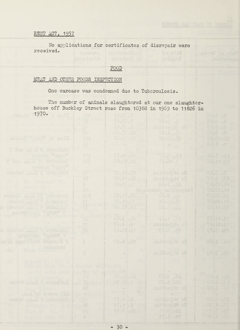 RENT ACT, 1957 No applications for certificates of disrepair were received. NOON MEAT AND OTIIPR FOODS INSPECTION One carcase was condemned due to Tuberculosis. The number of animals slaughtered at our one slaughter¬ house off Buckley Street rose from 10388 in 1969 to 11826 in 1970.