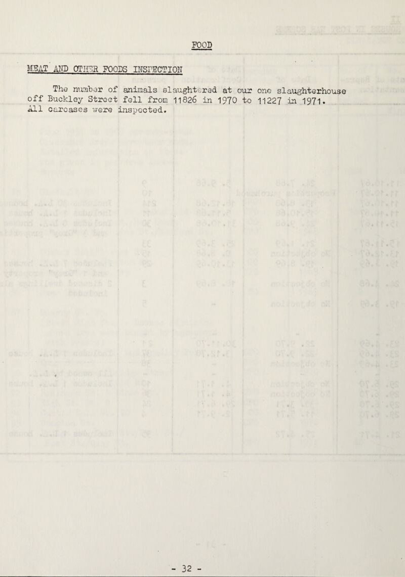 FOOD MSAT AND OTIFIR FOODS INSrECTIOH The niunher of animals slaughtered at our one slaughterhouse off Buckley Street fell from 11826 in 1970 to 11227 in 1971. All carcases were inspected.