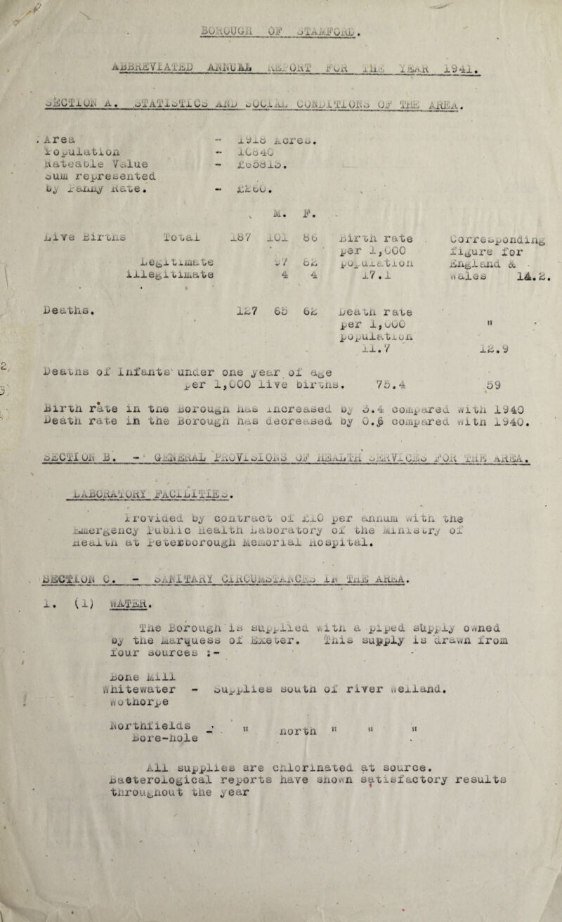 xjOi'iuUG'ii Ox*' Ajjjjjii!] V'lATiilD Ax>tl'ilj.AJbi iviL./OitT Jj'vjiX xiii'j 1 i 9 *±1, ol!lCT.LUi\ A. .oTA‘i'lKjTJ-G>:> xi.A.j K^UU-Liu. CUAull'10.t;o Oi'* 'l‘irlA AHEii. Area i 0i/uiatioxi ftateabie Vai,lue ouiii rejt^reeented bj j.-aix4y na'Ge* Acrco, lUd aG AioOdiG. JoJcdG, \ iai* J5\ Aive dir’Uio i'o“oal Le^x bijLualie iJLle^ibiii^at-e xOi 56 nirth rate • * per l,GC0 9/ 6h t^o_^-u.j.atioii 4 4 J.7.1 Gorrea^ondiiiei, xi^iure Tor AXigdaiid ixt vt a A e a ^ • i^eatlis, IL? 6b 6^ ueauii rate ^er ljuoO ^OjjuXatxuii xA.y beatna of infants'under one year oi j-er i,GOO live Diruns. 75.4 59 ti mrtn rate in tne norouan naa xnereased Oj' neatn race in the Boroui^h has decreased D^ 5.4 coiiijjiared .vitii 1940 0.^ coiiij^ared v^itn 1940. dxi^CiX un B. OiiihiilLiAL I'xiOyxuiOns ulxiVxCAo iiii^ Axt.uxi ij.n.i>OiCrt.iOiti iAGl-biilii. o. t K ii*oviaed by contract oi ixO j^er annuit witn the ixii*ere,ency iubric nealtn naboratory ol the iviinisory oi' xieaiun at 16tejcborou^h meiaorial nospital. 5i^C!SLL0h 0. D^n\liA.d.i GxiiOUivxdiAnCxjK:> ixiAi AJAixa, X. (i) VII ATiiih. ‘ine lorougii'is vvitn a piped sUppiy o.viied by the idarviuess oi hAcuer. inis sujyfply is 'nrawn xrom lour sources ;- hone hill vvhitewater - oUj^^plies soutn oi river .^eiland. ^othorpe hortniields bore-hole It north ” It All supplies are cnlorinated at source, naeteroiobical reports have sho^n satisiactory resuits throLij^nout the year