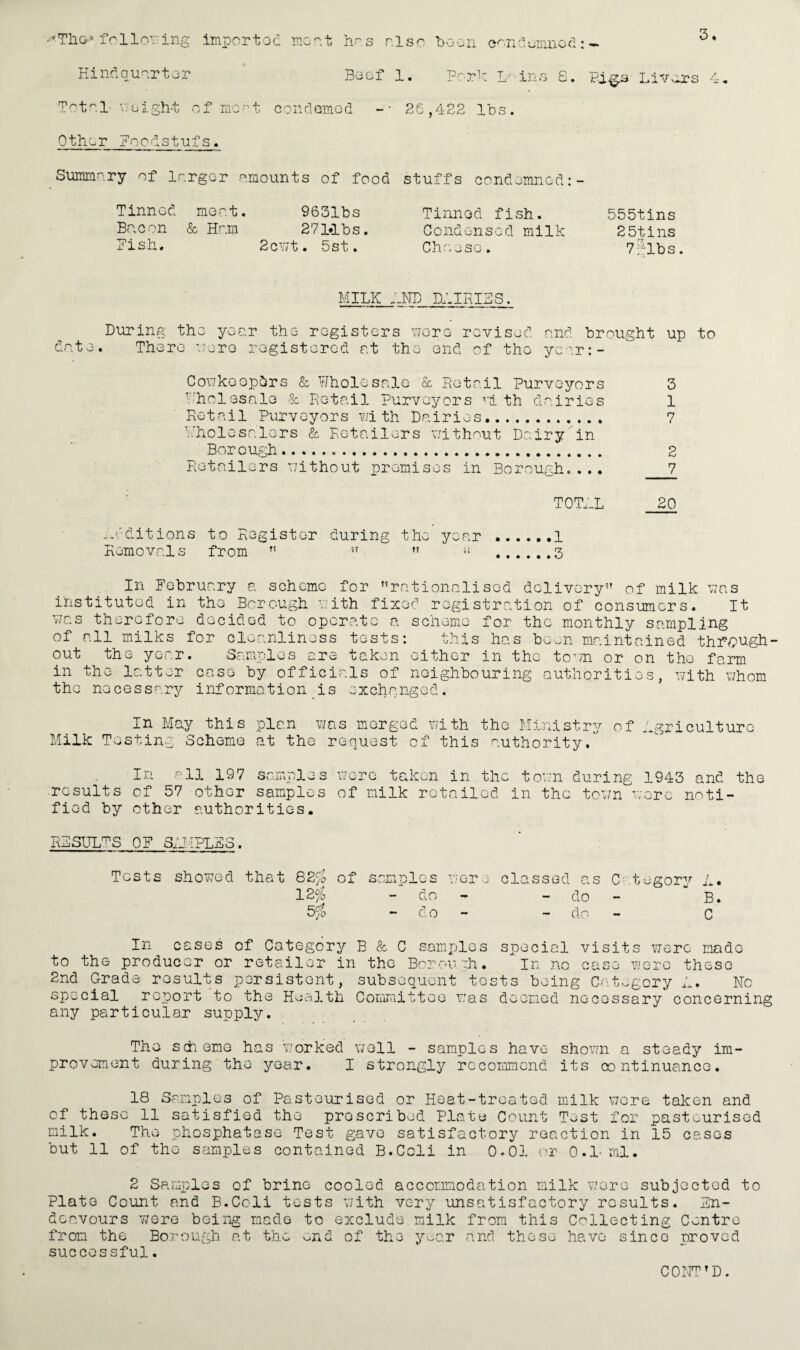 ■•'■The* following imported Hindquarter Total- uuight of moot co 0ther Food st uf s. moot hes r.lso boon owndamned:- Boof 1. Port 1/ ins 8. Pigs Livers 4, n domed -• 26,422 lbs. Summery of larger amounts of food stuffs condemned:- Tinned moot. Bocon & Horn Fish* 9631bs 27 Mbs. 2cwt. 5st. Tinned fish. Condensed milk Choose. 555tins 2 5tins 7ribs. MILK .AND DAIRIES. During the ye or the registers were revised. There were registered r.t the end of the ond brought up to ye or: - CowkeopSrs & Wholesale & Retail Purveyors 3 Wholesale & Retail Purveyors wi th dairies 1 Retail Purveyors with Dairies. 7 Whole so. lor s & Retailors without Dairy in Borough. 2 Retailers without premises in Borough.... 7 TOTAL 20 additions to Register during the year .1 Removals from ;f .3 In February a scheme for rationalised delivery of milk was instituted in the Borough with fixed registration of consumers. It was therefore decided to operate a scheme for the monthly sampling of all milks for cleanliness tests: this has been maintained through¬ out the year. Samples are taken either in the town or on the farm^ in the latter case by officials of neighbouring authorities, with whom the necessary information is exchanged. In May this Milk Testing Scheme plan was merged with the Ministry of cat the request of this authority/ Agriculture sameles In all 197 of 57 other samples fied by other authorities. result s wore taken in the town during 1943 and the of milk retailed in the town wore noti- RESULWS OF SAMPLES. Tests showed that 82>£ of samples were classed as Category A. 12 °J0 - do - - do - B. 5g> - do - - do - C In cases of Category B & C samples special visits were made to the producer or retailor in the Borough. In no case were these 2nd Grade results persistent, subsequent tests being Category A. No special report to the Health Committee was deemed necessary concerning any particular supply. The scheme has worked well - samples have shown a steady im¬ provement during the year. I strongly recommend its continuance. 18 Samples of Pasteurised or Heat-treated milk wore taken and of these 11 satisfied the prescribed Plate Count Test for pasteurised milk. The phosphatase Test gave satisfactory reaction in 15 cases but 11 of the samples contained B.Coli in 0.01 or 0.1-ml. 2 Samples of brine cooled accommodation milk wore subjected to Plate Count and B.Coli tests with vc-ry unsatisfactory results. En¬ deavours were being made to exclude milk from this Collecting Centre from the Borough at the end of the year and these have since proved successful. COETT D.