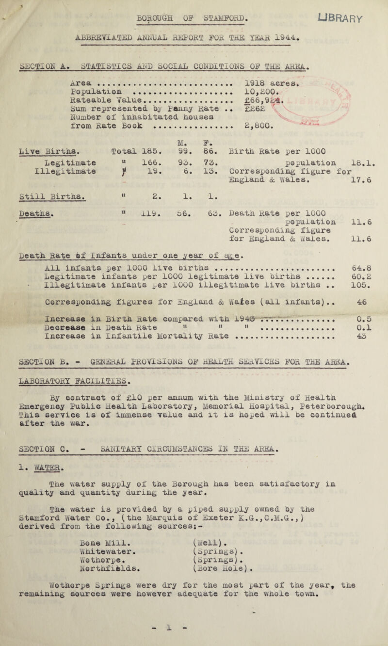 BQROD Gh OF STAMFORD _ library % ABBREVIATED ANNUAL REPORT FOR TEE YEaR 1944. SECTION A. STATISTICS AisD SOCIAL CONDITIONS Off TEE AREA.. Area. 1918 acres. Population . 10,800. Rateable Value. £66,984. Bum represented by penny Rate .. £868 Number of inhabitated Rouses from Rate Book ... 8,800. Live Births. Legitimate Illegitimate Total 185. 11 166. f 19. M. F. 99. 86. Birth Rate per 1000 95. 73. population 18.1. 6. 13. Corresponding figure for England & Wales. 17.6 Still Births. 8. 1. 1. Deaths. 119. 56. 63. Death Rate per 1000 population 11.6 Corresponding figure for England & wales. 11.6 Death Rate af Infants under one year of sge. All infants per 1000 live births . 64.8 Legitimate infants per 1000 legitimate live births . 60.8 Illegitimate infants per 1000 illegitimate live births .. 105. Corresponding figures for England & Wales (all infants).. 46 Increase in Birth Rate compared with 1943 ;~.*Y.. .. 0.5 Decrease in Death Rate 11 M ” .. 0.1 Increase in Infantile Mortality Rate . 43 SECTION B. - GENERAL PROVISIONS OF EEaaTE SERVICES FOR TEE AREA. LABORATORY FACILITIES. By contract of £10 per annum with the Ministry of health Emergency Public health Laboratory, Memorial hospital, peterDorough. This service is of immense value and it is hoped will be continued after the viar. SECTION C. - SANITARY GlRCDMSTANCES IN THE AREA. 1. WATER. The water supply of the Borough has been satisfactory in quality and quantity during the year. The water is provided by a piped supply owned by the Stamford Water Co., (the Marquis of Exeter K.G.,C.M.G., ) derived from the following sources;- Bone Mill. Whitewater. Wothorpe. Northfidlds (Well). (Springs). (Springs). (Bore hole) Wothorpe springs were dry for the most part of the year, the remaining sources were however adequate for the Yvhole town.