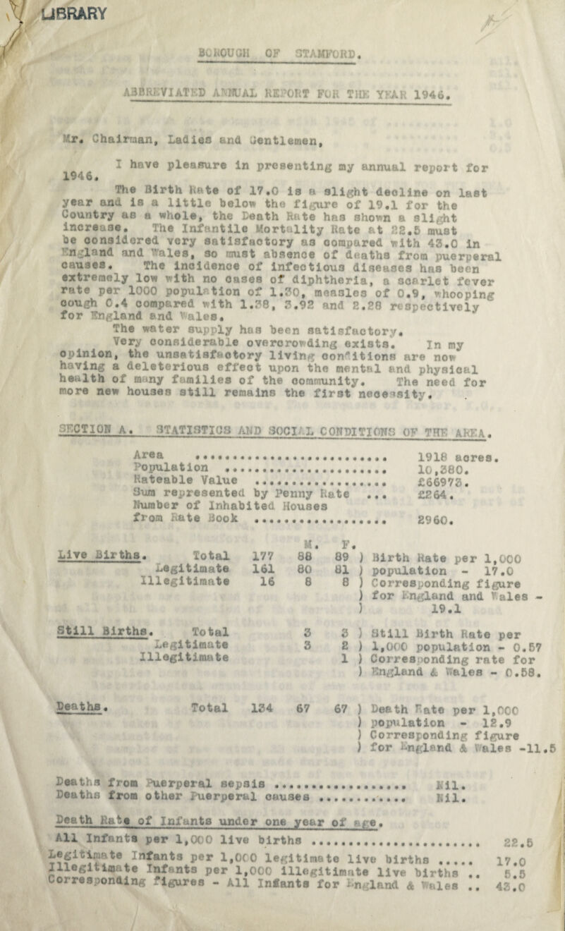 UBRARY BC HOUGH OF STAMl^QRD. A3BRi:VIATKP ANNUAL KEPORT FOR Tltt: YFAR 1946. fAr. Chairman, Ladles and Centlemen, I have pleamire in presenting my annual report for 1946. The Birth hate of 17.0 is a slight decline on last year and la a little beloe the fInjure of 19.1 for the Country aa e whole, the Death Rate has shown a slight increase. The Infantile Mortality Hate at n2.5 must be considered very satisfactory as compared with 4S.0 in ^n,i::land and Wales, so must absence of deaths from puerperal causes. The incidence of infectious diseases has been extremely low with no cases of diphtheria, a scarlet fever rate per 1000 population of 1.^0, measles of 0.9, whooping oough C.4 compared with l.?8, and S.28 respectively for Ttngland and Vaies. The water supply has been satisfactory. Very considerable overcrowding exists*. in my opinion, the unsatlafactory living oon'tltions are now having a deleterious effeot upon the mental and physical health of many families of the community. The need for more new houses still remains the first neoe‘»sity. SKCTIOH A. 3TATIBTICS AHD 30GI/;L CONPITIOK« OF THE AREA. Area «..*... 1918 acres. Population . 10,280. Rateable Value . £66972. Sura represented by Penny Hate ... £264. Humber of Inhabited Houses from Rate iiooJc 2960. Live Births. total 177 Legitimate 161 Illegitimate 16 M • F. 88 89 } Birth Hate per 1,000 80 81 ) population - 17.0 8 8 ) Corresponding figure ) for England and Vales ) 19.1 Still Births. Total Legitimate IllagltiRUite 2 2 } Still Birth Hate per 2 2 ) 1,000 population - 0.57 1 ) Corresponding rate for ) TSngland A Wales - 0,58. Deaths. Total 124 67 67 ) Death Rate per 1,000 ) population - 12.9 ) Corresponding figure ) for England A V^ales -11,5 Deaths from Puerperal sepsis ... JKil. Deaths from other Puerperal causes ... Kil. Death Rate of infants \inder one year of age. All Infanta per 1,000 live births ... Legitimate Infants per 1,000 legitimate live births ... Infants per 1,000 lllegitiBmte live births Corresponaing figures - All Infanta for England & Wales • • • • 22.6 17.0 6.5 42.0