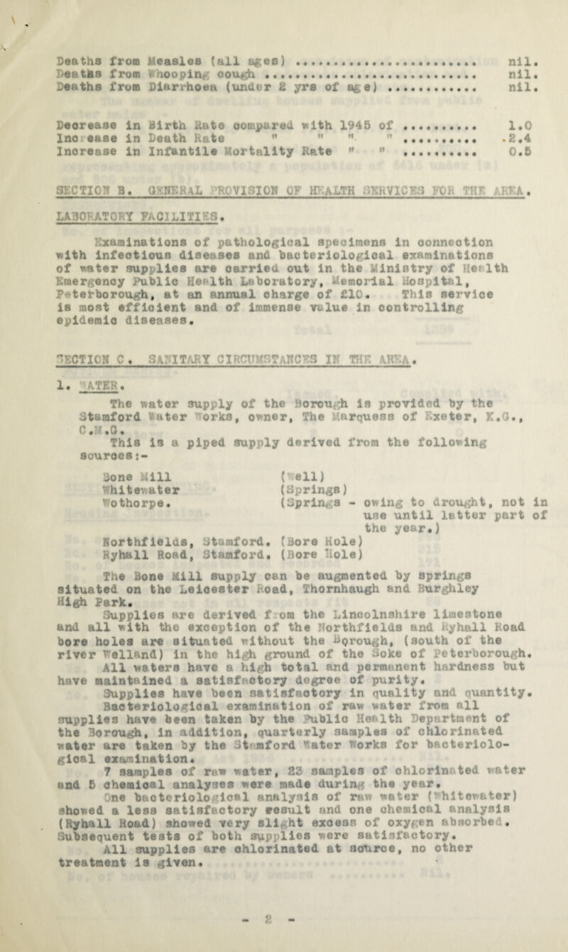 \ •s Deaths frooi Measles (all ages) ... nil. Daatlis from Whooping ooiigh . nil. Deaths from Diarrhoea (under S yrs of age) .. nil. Deorease in Birth Hate oompared with 1945 of .. 1.0 Inoiease in Death Hate ^ .2.4 Increase in Infantile Mortality Rate '* ” ... 0.5 SECTION B. QKHSRAL PROVISIOW OF Hl^lALTH BKHVICKS FOR THK ARKA. LABOKATORY FACILITIES. Examinations of pathological specimens in connection with infectious diseases and bacteriological examinations of water supplies are carried out in the Ministry of Herlth Emergency Public Health Laboratory, Memorial Hospital, Peterborough, at an annual charge of £10. This service is most efficient and of immense value in controlling epidemic diseases. SECTION SANITARY CIRCUMSTaHCKS IN THK AHKA. 1. nATER. The water supply of the Boron^^h is provided by the Stamford Water ^drks, owner, The Marquess of Exeter, K.O., C.?4.G. This is a piped supply derived from the following sources Done Mill {’tell) White'Aater (Springs) Wothorpe. (Springs - owing to drought, not in use until letter part of the year.) Horthfields, Stamford. (Bore Hole) Ryhall Road, Stamford. (Bore Hole) The Bone Mill supply can be augmented by springs situated on the Leicester Hoad, Thornhaugh and Burghley Park. Supplies are derived f om the Lincolnshire limestone and all with the exception of the Horthfields and Ryhall Road bore holes are situated without the Bprough, (south of the river wrelland) in the hi^ ground of the Soke of Peterborough. All waters have a high total and permanent hardness but have maintained a satisfactory degree of purity. Supplies have been satisfactory in quality and quantity. Bacteriological examination of raw water from all supplies have been taken by the Public Health Department of the Borough, in addition, quarterly samples of chlorinated water are taken by the Stitjnford ^ater Wforks for bacteriolo¬ gical examination. 7 samples of raw water, 23 samples of chlorinated water and 5 chemical analyses were made during the year. One bacteriological analysis of raw water (-hltewater) showed a less satisfactory result and one chemical analysis (Ryhall Road) showed very slight excess of oxygen absorbed. Subsequent tests of both supplies were satisfactory. All supplies are chlorinated at source, no other treatment is given.