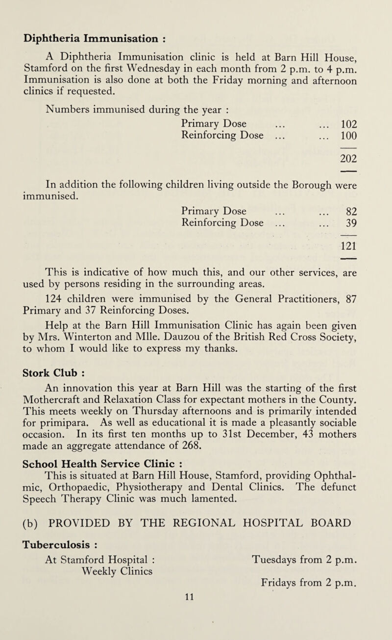 Diphtheria Immunisation : A Diphtheria Immunisation clinic is held at Barn Hill House, Stamford on the first Wednesday in each month from 2 p.m. to 4 p.m. Immunisation is also done at both the Friday morning and afternoon clinics if requested. Numbers immunised during the year : Primary Dose ... ... 102 Reinforcing Dose ... ... 100 202 In addition the following children living outside the Borough were immunised. Primary Dose ... ... 82 Reinforcing Dose ... ... 39 121 This is indicative of how much this, and our other services, are used by persons residing in the surrounding areas. 124 children were immunised by the General Practitioners, 87 Primary and 37 Reinforcing Doses. Help at the Barn Hill Immunisation Clinic has again been given by Mrs. Winterton and Mile. Dauzou of the British Red Cross Society, to whom I would like to express my thanks. Stork Club : An innovation this year at Barn Hill was the starting of the first Mothercraft and Relaxation Class for expectant mothers in the County. This meets weekly on Thursday afternoons and is primarily intended for primipara. As well as educational it is made a pleasantly sociable occasion. In its first ten months up to 31st December, 43 mothers made an aggregate attendance of 268. School Health Service Clinic : This is situated at Barn Hill House, Stamford, providing Ophthal¬ mic, Orthopaedic, Physiotherapy and Dental Clinics. The defunct Speech Therapy Clinic was much lamented. (b) PROVIDED BY THE REGIONAL HOSPITAL BOARD Tuberculosis : At Stamford Hospital : Weekly Clinics Tuesdays from 2 p.m. Fridays from 2 p.m.