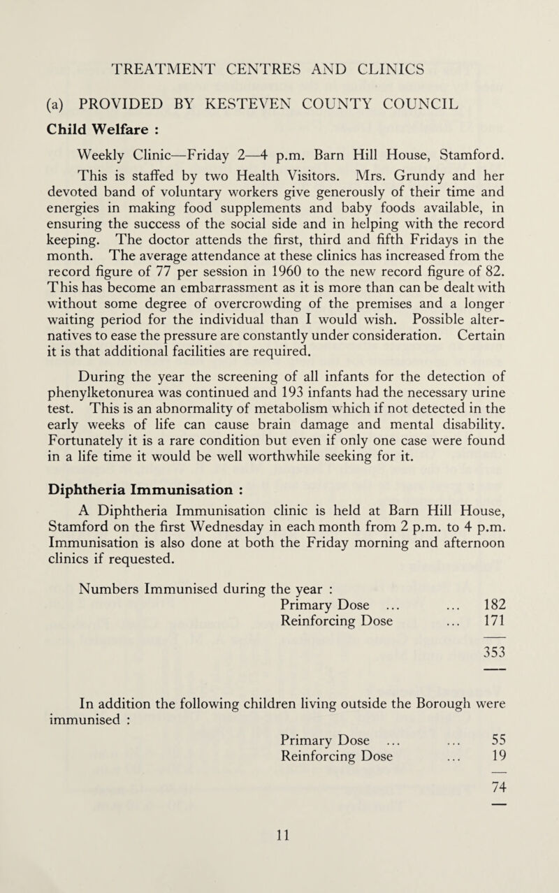 TREATMENT CENTRES AND CLINICS (a) PROVIDED BY KESTEVEN COUNTY COUNCIL Child Welfare : Weekly Clinic—Friday 2—4 p.m. Barn Hill House, Stamford. This is staffed by two Health Visitors. Mrs. Grundy and her devoted band of voluntary workers give generously of their time and energies in making food supplements and baby foods available, in ensuring the success of the social side and in helping with the record keeping. The doctor attends the first, third and fifth Fridays in the month. The average attendance at these clinics has increased from the record figure of 77 per session in 1960 to the new record figure of 82. This has become an embarrassment as it is more than can be dealt with without some degree of overcrowding of the premises and a longer waiting period for the individual than I would wish. Possible alter¬ natives to ease the pressure are constantly under consideration. Certain it is that additional facilities are required. During the year the screening of all infants for the detection of phenylketonurea was continued and 193 infants had the necessary urine test. This is an abnormality of metabolism which if not detected in the early weeks of life can cause brain damage and mental disability. Fortunately it is a rare condition but even if only one case were found in a life time it would be well worthwhile seeking for it. Diphtheria Immunisation : A Diphtheria Immunisation clinic is held at Barn Hill House, Stamford on the first Wednesday in each month from 2 p.m. to 4 p.m. Immunisation is also done at both the Friday morning and afternoon clinics if requested. Numbers Immunised during the year : Primary Dose ... ... 182 Reinforcing Dose ... 171 353 In addition the following children living outside the Borough were immunised : Primary Dose ... ... 55 Reinforcing Dose ... 19 74