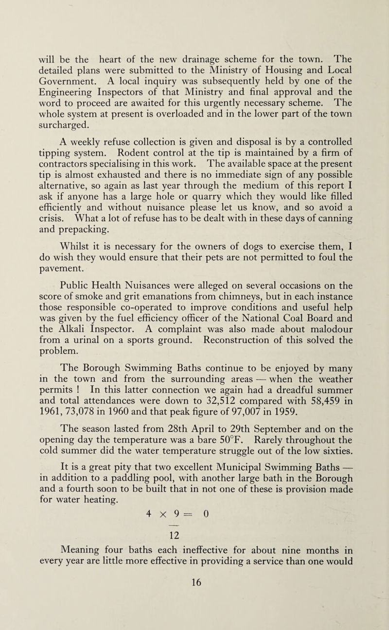 will be the heart of the new drainage scheme for the town. The detailed plans were submitted to the Ministry of Housing and Local Government. A local inquiry was subsequently held by one of the Engineering Inspectors of that Ministry and final approval and the word to proceed are awaited for this urgently necessary scheme. The whole system at present is overloaded and in the lower part of the town surcharged. A weekly refuse collection is given and disposal is by a controlled tipping system. Rodent control at the tip is maintained by a firm of contractors specialising in this work. The available space at the present tip is almost exhausted and there is no immediate sign of any possible alternative, so again as last year through the medium of this report I ask if anyone has a large hole or quarry which they would like filled efficiently and without nuisance please let us know, and so avoid a crisis. What a lot of refuse has to be dealt with in these days of canning and prepacking. Whilst it is necessary for the owners of dogs to exercise them, I do wish they would ensure that their pets are not permitted to foul the pavement. Public Health Nuisances were alleged on several occasions on the score of smoke and grit emanations from chimneys, but in each instance those responsible co-operated to improve conditions and useful help was given by the fuel efficiency officer of the National Coal Board and the Alkali Inspector. A complaint was also made about malodour from a urinal on a sports ground. Reconstruction of this solved the problem. The Borough Swimming Baths continue to be enjoyed by many in the town and from the surrounding areas — when the weather permits ! In this latter connection we again had a dreadful summer and total attendances were down to 32,512 compared with 58,459 in 1961, 73,078 in 1960 and that peak figure of 97,007 in 1959. The season lasted from 28th April to 29th September and on the opening day the temperature was a bare 50°F. Rarely throughout the cold summer did the water temperature struggle out of the low sixties. It is a great pity that two excellent Municipal Swimming Baths — in addition to a paddling pool, with another large bath in the Borough and a fourth soon to be built that in not one of these is provision made for water heating. 4x9= 0 12 Meaning four baths each ineffective for about nine months in every year are little more effective in providing a service than one would
