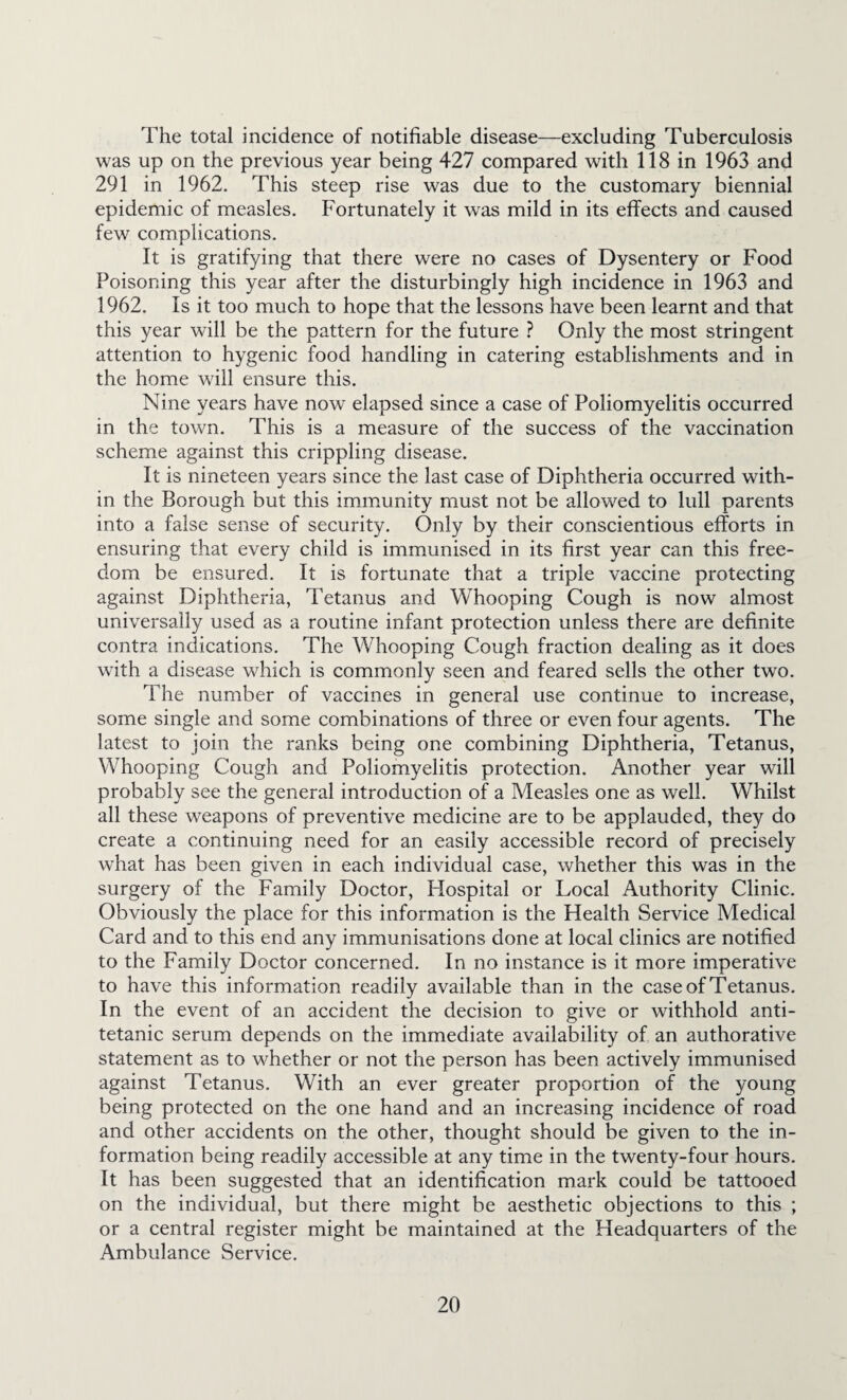 The total incidence of notifiable disease—excluding Tuberculosis was up on the previous year being 427 compared with 118 in 1963 and 291 in 1962. This steep rise was due to the customary biennial epidemic of measles. Fortunately it was mild in its eflfects and caused few complications. It is gratifying that there were no cases of Dysentery or Food Poisoning this year after the disturbingly high incidence in 1963 and 1962. Is it too much to hope that the lessons have been learnt and that this year will be the pattern for the future ? Only the most stringent attention to hygenic food handling in catering establishments and in the home will ensure this. Nine years have now elapsed since a case of Poliomyelitis occurred in the town. This is a measure of the success of the vaccination scheme against this crippling disease. It is nineteen years since the last case of Diphtheria occurred with¬ in the Borough but this im.munity must not be allowed to lull parents into a false sense of security. Only by their conscientious efforts in ensuring that every child is immunised in its first year can this free¬ dom be ensured. It is fortunate that a triple vaccine protecting against Diphtheria, Tetanus and Whooping Cough is now almost universally used as a routine infant protection unless there are definite contra indications. The Whooping Cough fraction dealing as it does with a disease which is commonly seen and feared sells the other two. The number of vaccines in general use continue to increase, some single and some combinations of three or even four agents. The latest to join the ranks being one combining Diphtheria, Tetanus, Whooping Cough and Poliomyelitis protection. Another year will probably see the general introduction of a Measles one as well. Whilst all these weapons of preventive medicine are to be applauded, they do create a continuing need for an easily accessible record of precisely what has been given in each individual case, whether this was in the surgery of the Family Doctor, Flospital or Local Authority Clinic. Obviously the place for this information is the Health Service Medical Card and to this end any immunisations done at local clinics are notified to the Family Doctor concerned. In no instance is it more imperative to have this information readily available than in the case of Tetanus. In the event of an accident the decision to give or withhold anti- tetanic serum depends on the immediate availability of an authorative statement as to whether or not the person has been actively immunised against Tetanus. With an ever greater proportion of the young being protected on the one hand and an increasing incidence of road and other accidents on the other, thought should be given to the in¬ formation being readily accessible at any time in the twenty-four hours. It has been suggested that an identification mark could be tattooed on the individual, but there might be aesthetic objections to this ; or a central register might be maintained at the Headquarters of the Ambulance Service.