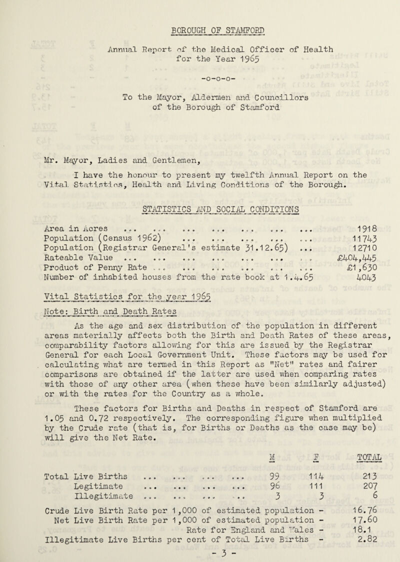 Annual Report of the Medical Officer of Health for the Year 1965 -o-o-o- To the Mayor, Aldermen and Councillors of the Borough of Stamford Mr. Mayor, Ladies and Gentlemen, I have the honour to present my twelfth Annual Report on the Vital Statistics, Health and Living Conditions of the Borough. STATISTICS AND SOCIAL. CONDITIONS iiX* 6 cL 2. H ii O X' 03 co © o o o ooe coo coo o o o com Population (Census 1962) ... ... ... ... ... Population (Registrar G-eneral's estimate 31*12.65) ... Rateable Value ... ... o.. ... ... ... . . Product of Penny Rate ... ... ... ... .... ... Number of inhabited houses from the rate book at 1.4.65 Vital -Stati_s_tic_s_ for the year 1965 Note.: Birth and Death Rates As the age and sex distribution of the population in different areas materially affects both the Birth and Death Rates of these areas, comparability factors allowing for this are issued by the Registrar General for each Local Government Unit. These factors may be used for calculating what are termed in this Report as Net” rates and fairer comparisons are obtained if the latter are used when comparing rates with those of any other area (when these have been similarly adjusted) or with the rates for the Country as a whole. These factors for Births and Deaths in respect of Stamford are 1.05 and 0.72 respectively. The corresponding figure when multiplied by the Crude rate (that is, for Births or Deaths as the case may be) will give the Net Rate. M F TOTAL Total Live Births ... ... ... ... 99 114 213 Legitimate ... .. 96 111 207 Illegitimate ... ... ... .. 3 3 6 Crude Live Birth Rate per 1 ,000 of estimated population - 1 6.76 Net Live Birth Rate per 1,000 of estimated population - 17*60 Rate for England and Hales - 18.1 Illegitimate Live Births per cent of Total Live Barths - 2.82 - 3 - 1918 11743 12710 £404,445 £1,630 4043